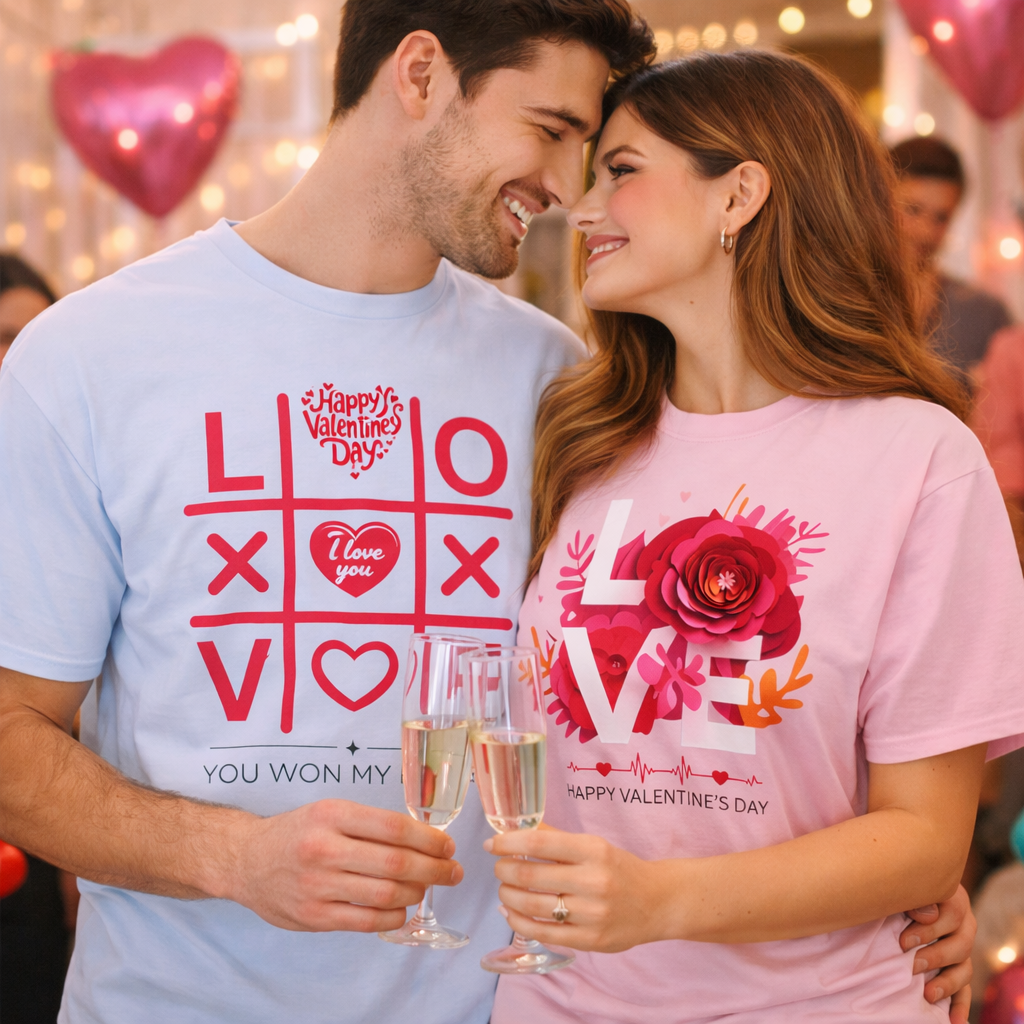 Romantic couple celebrating Valentine’s Day, wearing matching light blue and pink Valentine’s T-shirts with heart and LOVE designs, smiling at each other while holding champagne glasses at a festive party with heart decorations in the background.