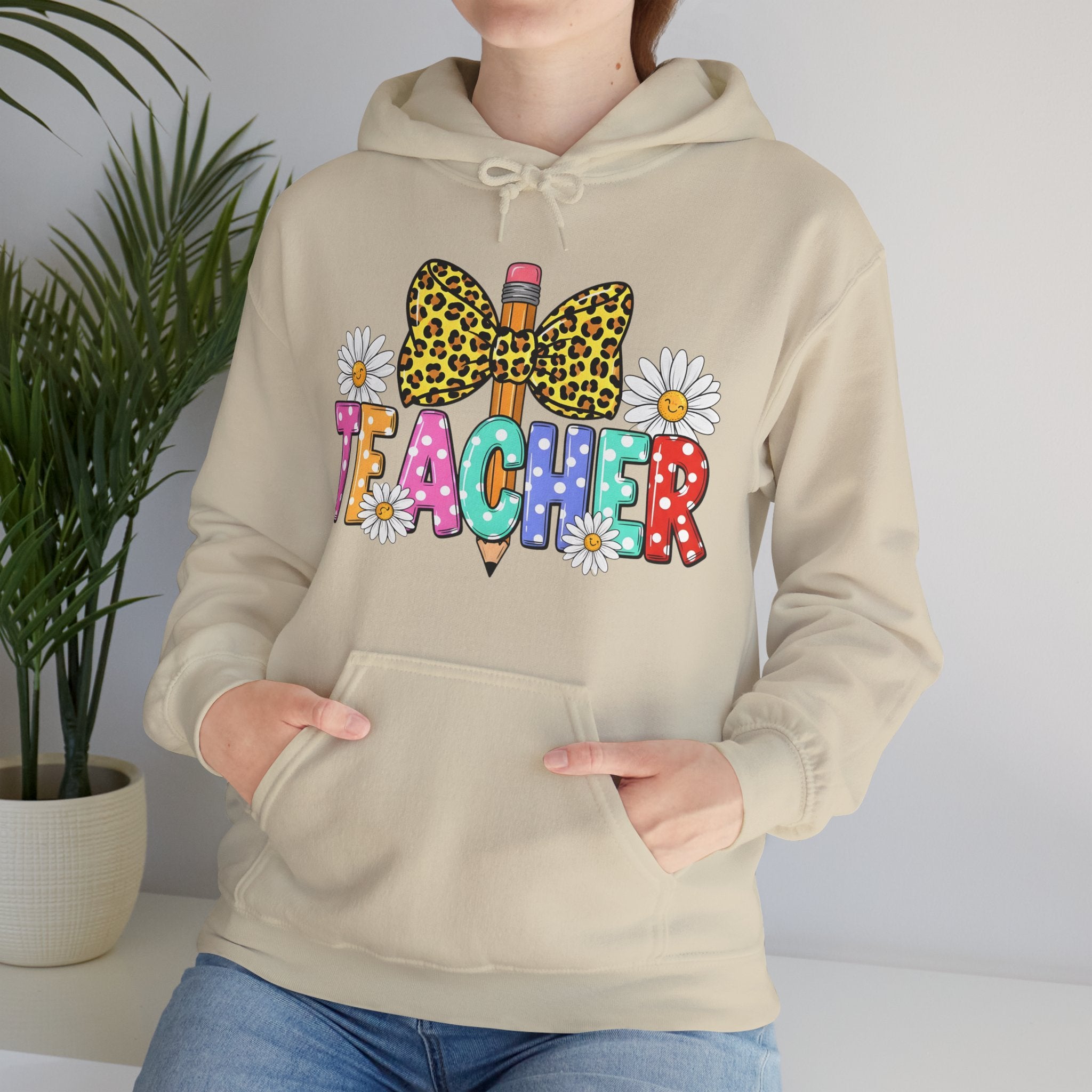 Teacher Leopard Bow Pencil Hoodie — Colorful Floral Teacher Sweatshirt