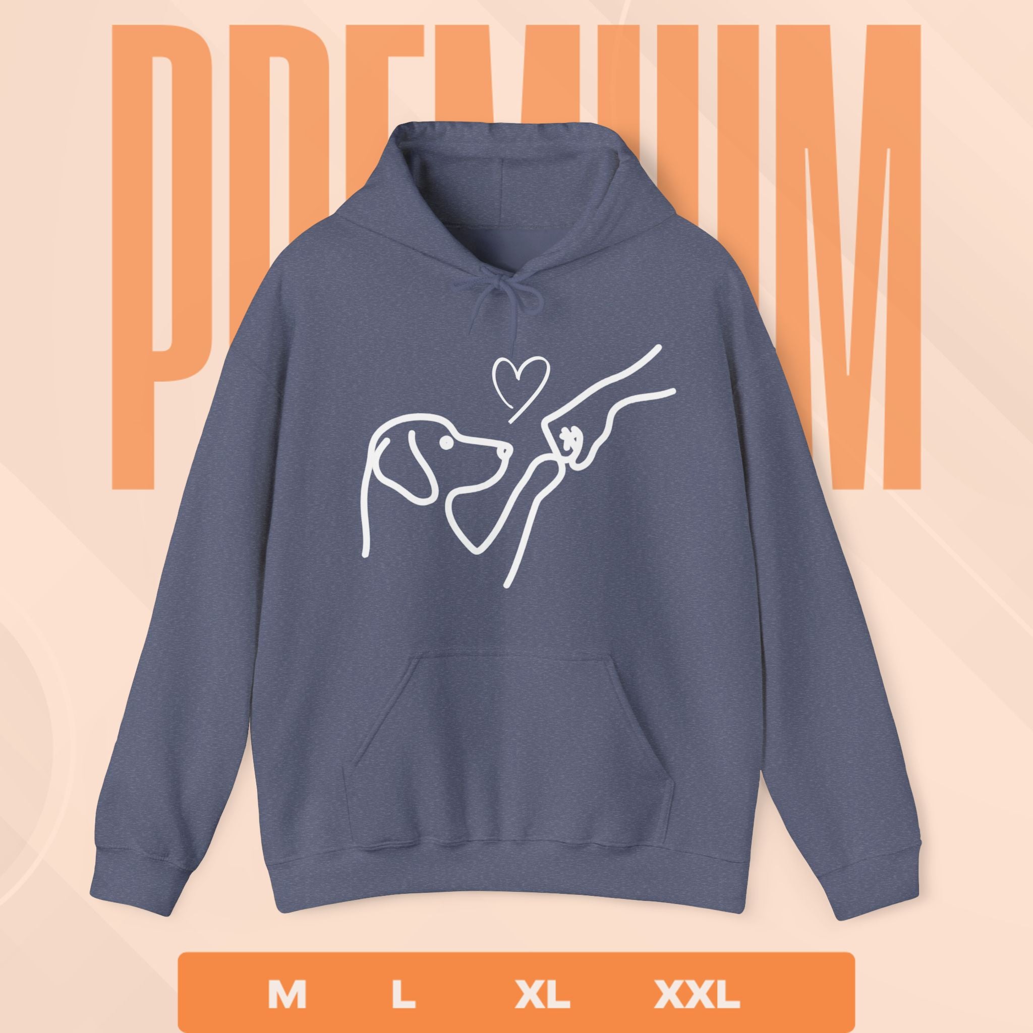 Blue hoodie with a white graphic design on a peach background with 'PREMIUM' text.
