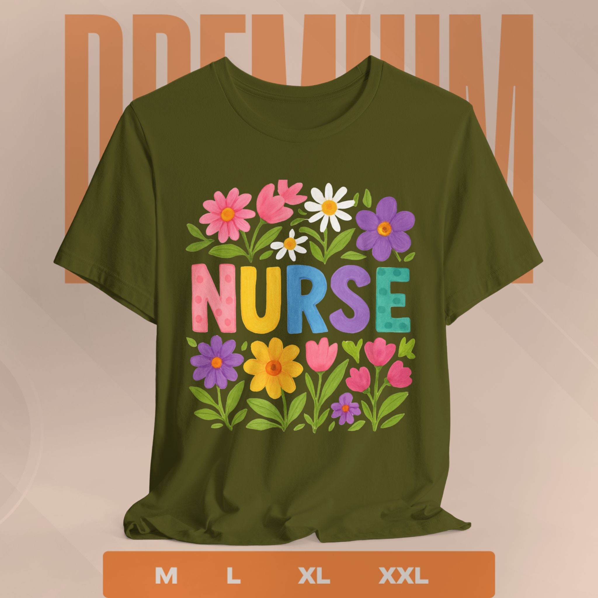 olive t-shirt with colorful floral design and 'NURSE' text on a beige background