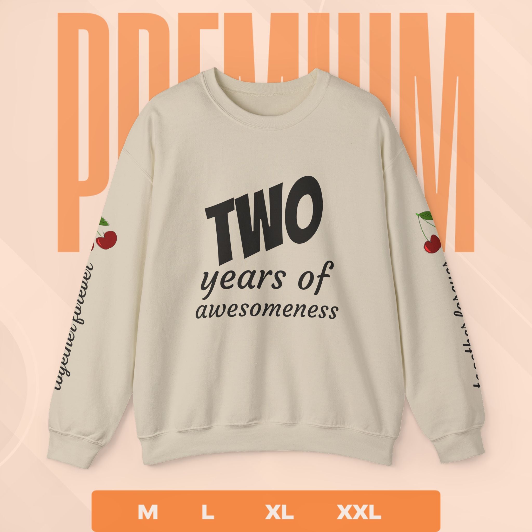 Beige sweatshirt with 'TWO years of awesomeness' text on a peach background