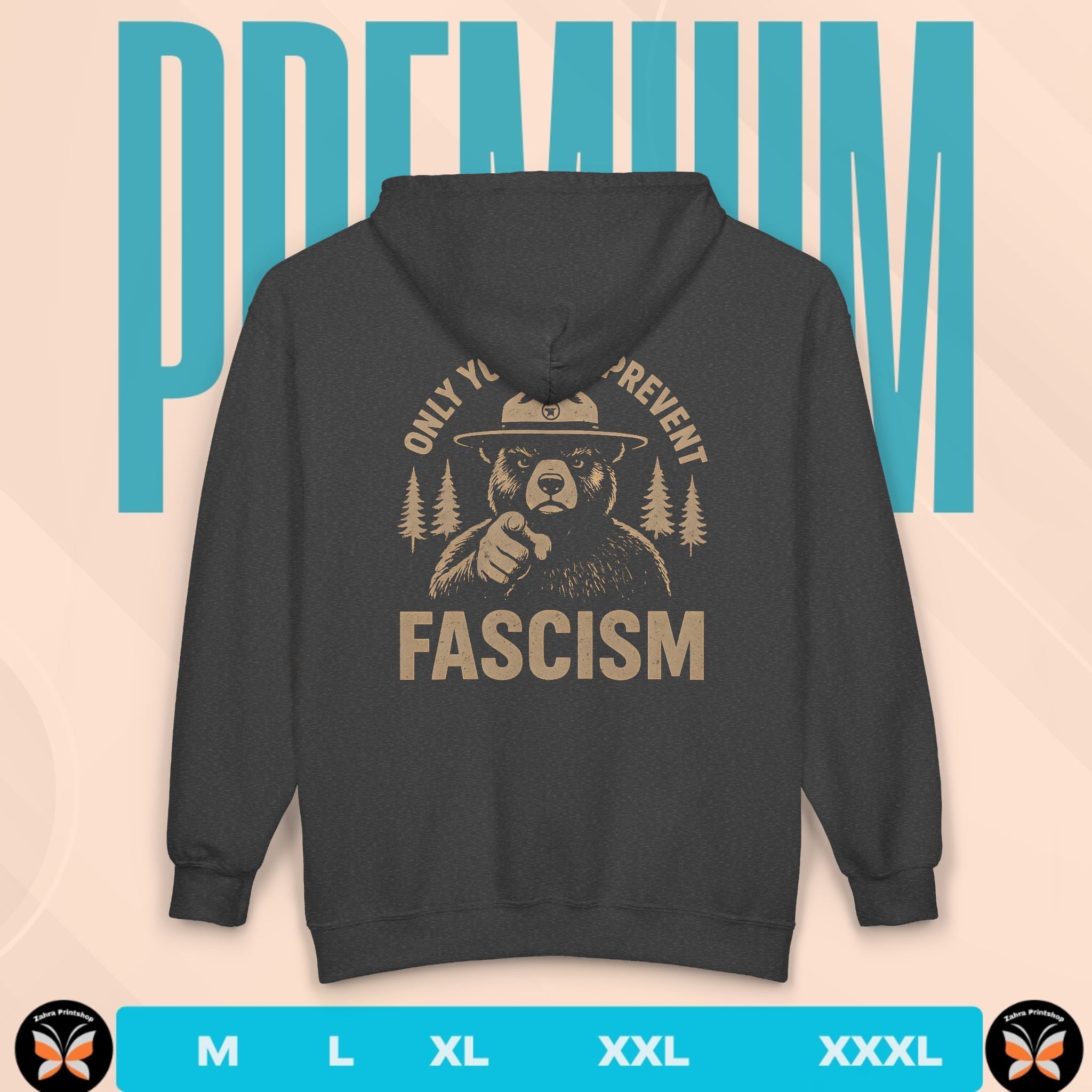 Black hoodie with bear graphic and text on the back, displayed against a beige background with 'PREMIUM' text.