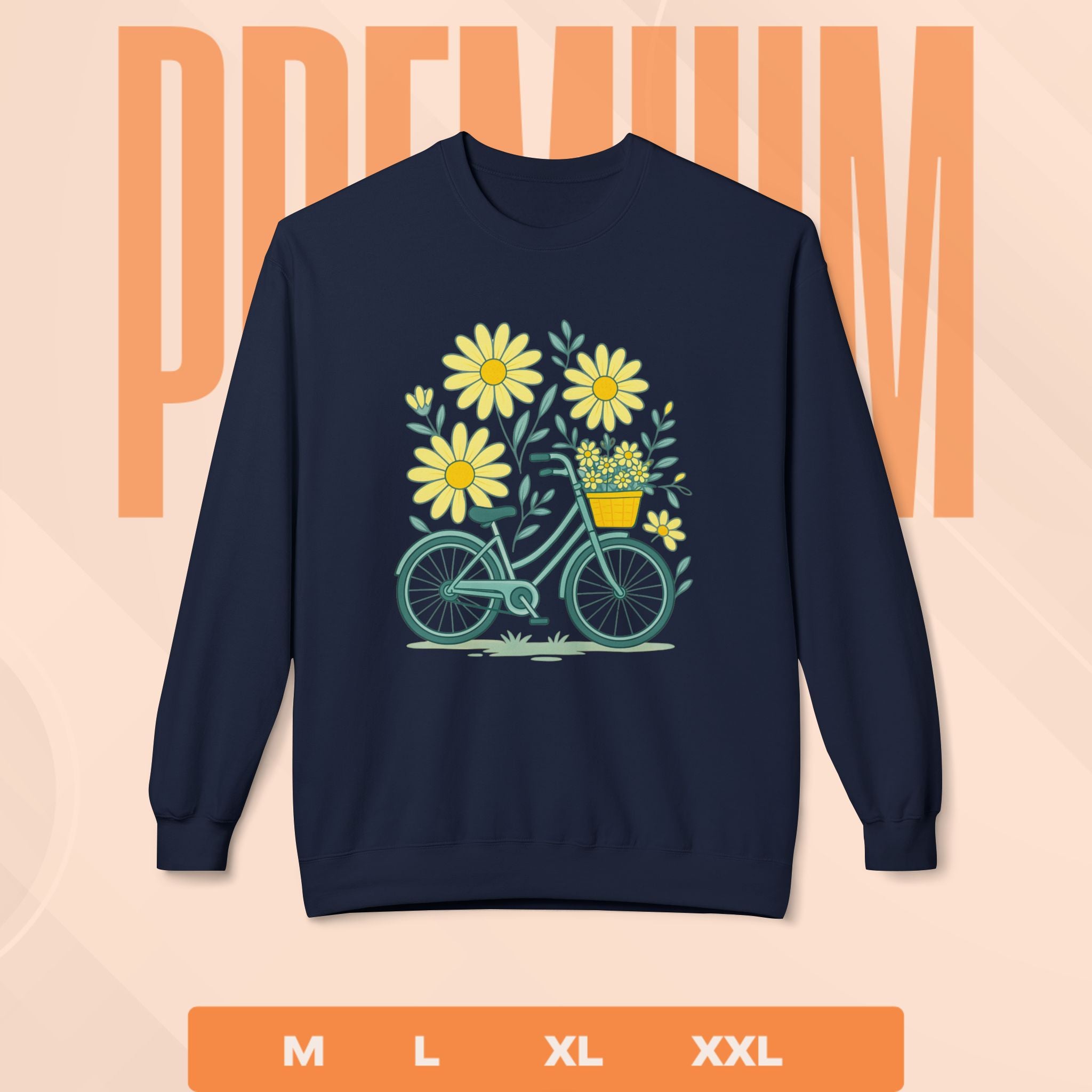Navy blue sweatshirt with bicycle and flower design on a peach background