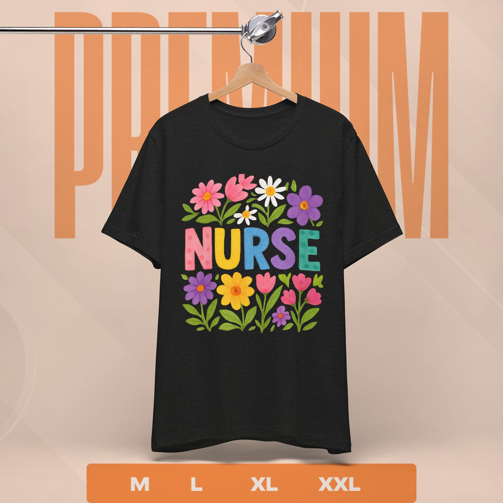 Black t-shirt with colorful 'NURSE' design on a hanger against a beige background.