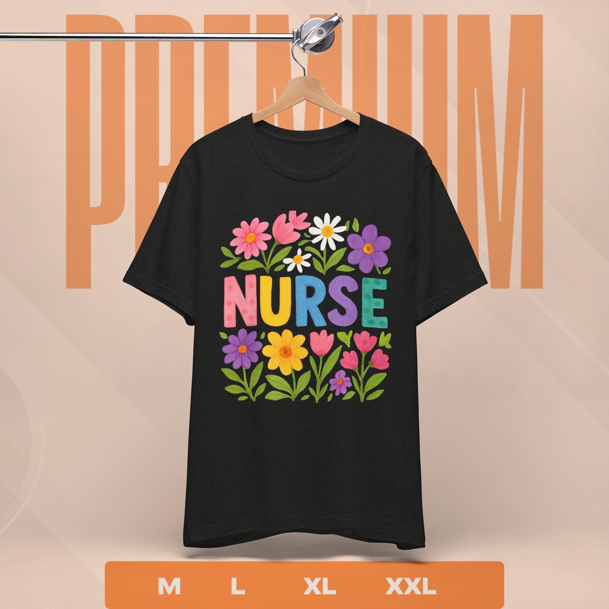 Black t-shirt with colorful 'NURSE' design on a hanger against a beige background.