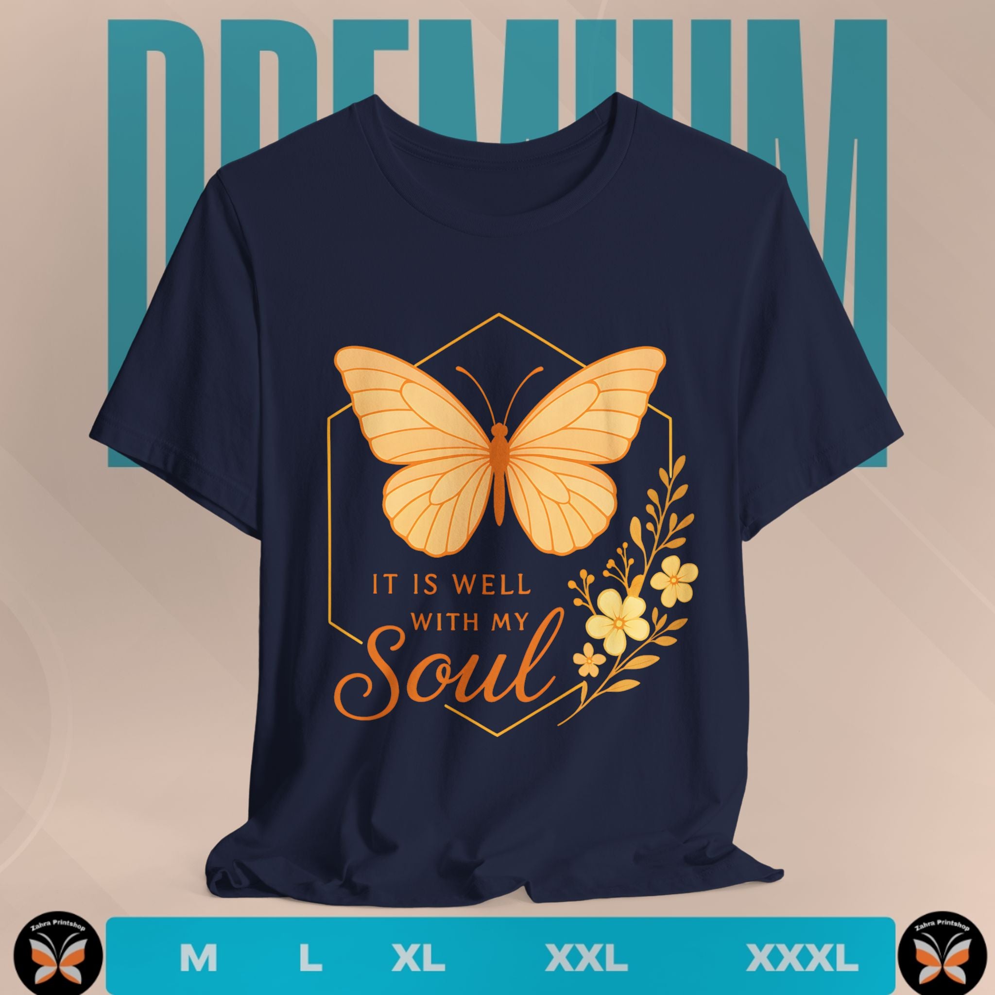 Navy blue t-shirt with a yellow butterfly and 'It is well with my soul' text on a beige background.