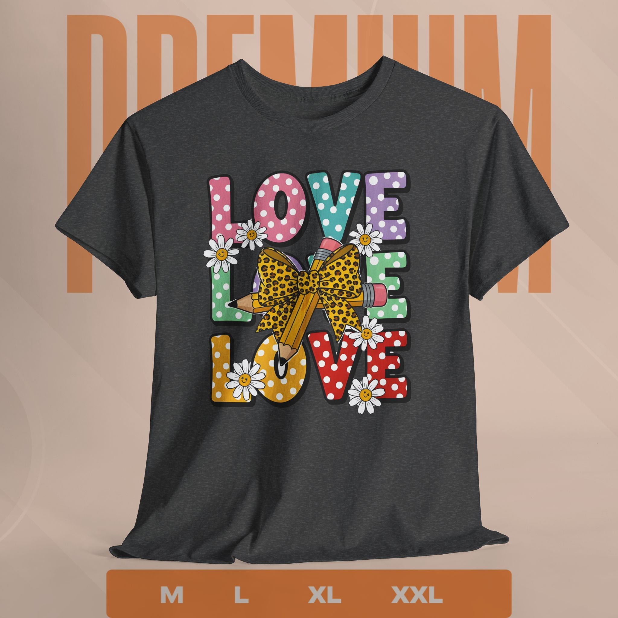 Black t-shirt with colorful 'LOVE' graphic design on a beige background