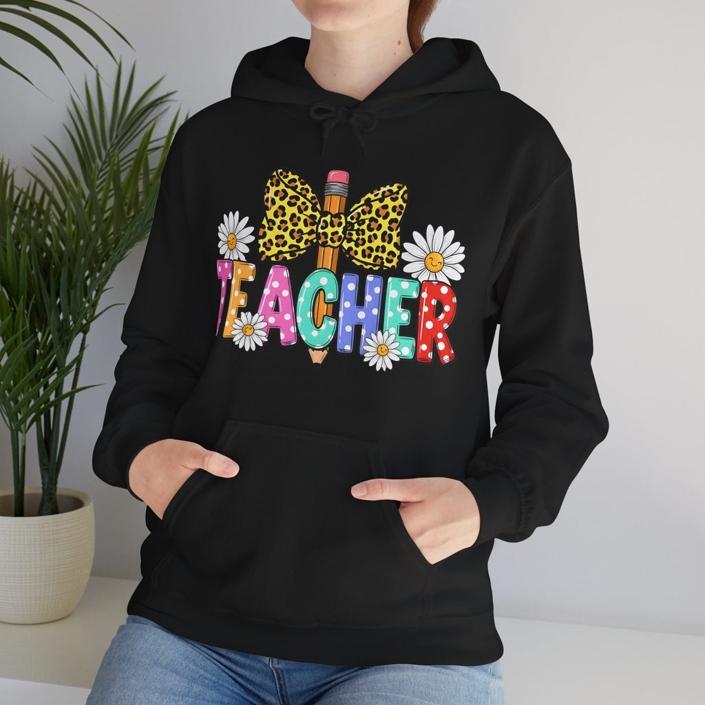 Teacher Leopard Bow Pencil Hoodie — Colorful Floral Teacher Sweatshirt