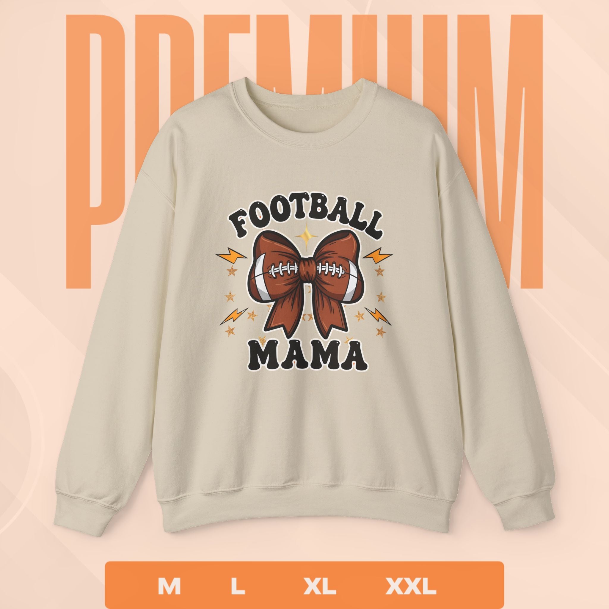 sand sweatshirt with 'Football Mama' design on a peach background