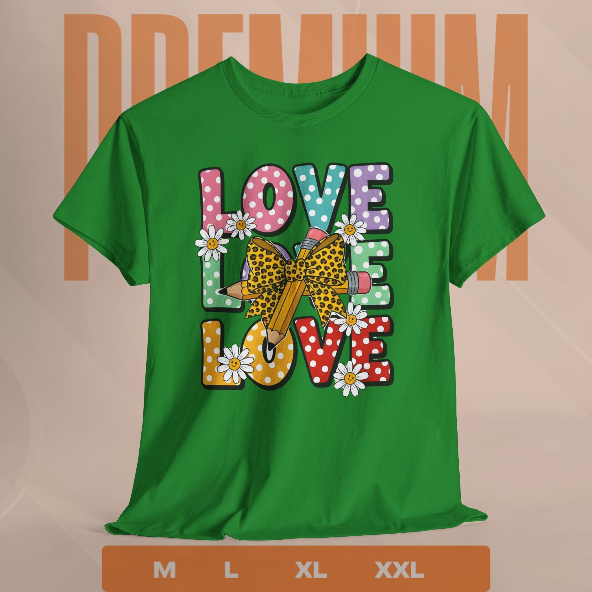 Green t-shirt with colorful 'LOVE' graphic design on a beige background