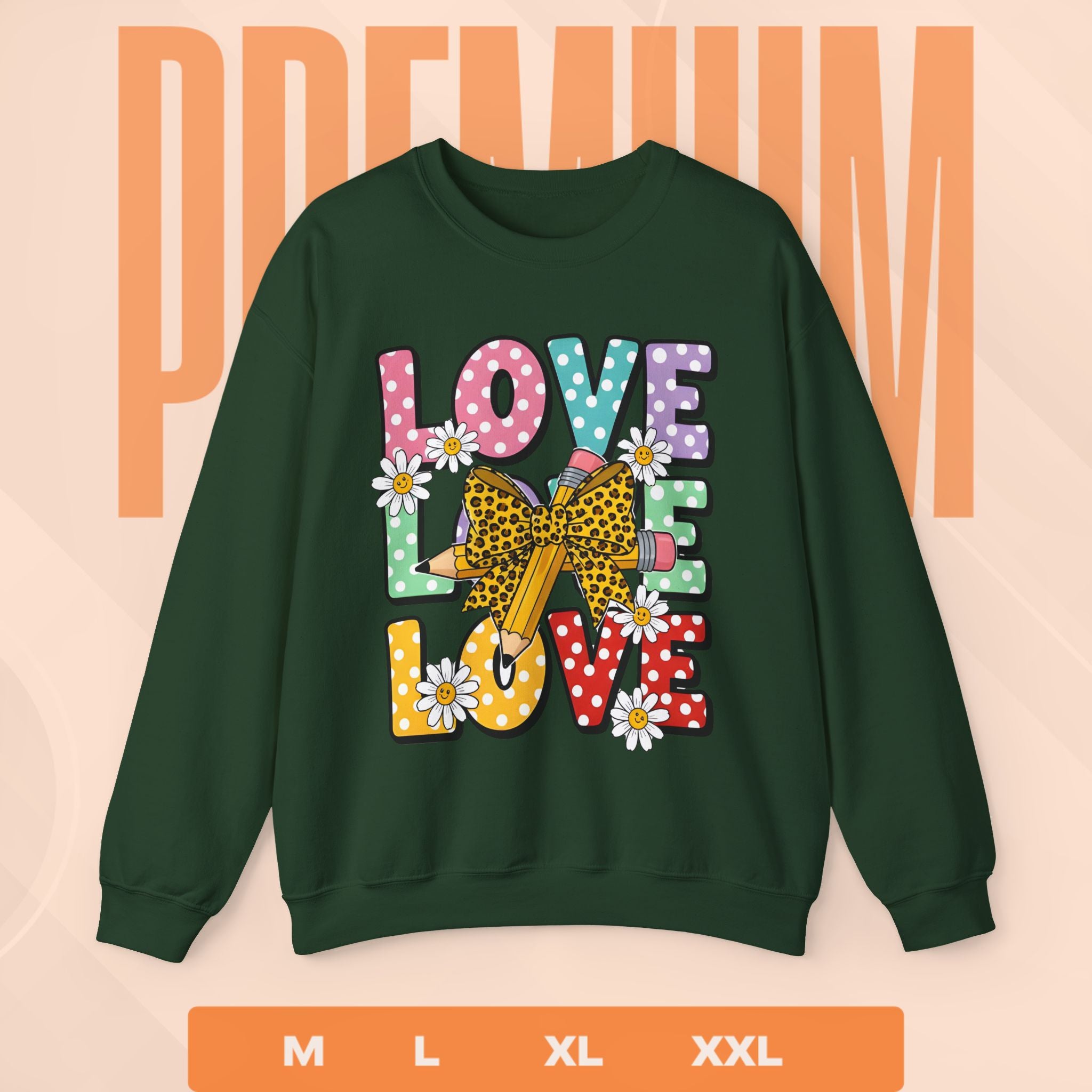 Green sweatshirt with colorful 'LOVE' design on a peach background