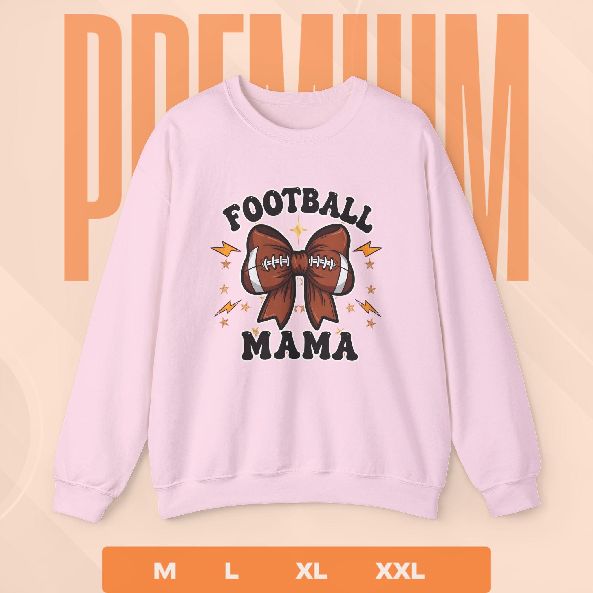 Light pink sweatshirt with 'Football Mama' design on a beige background
