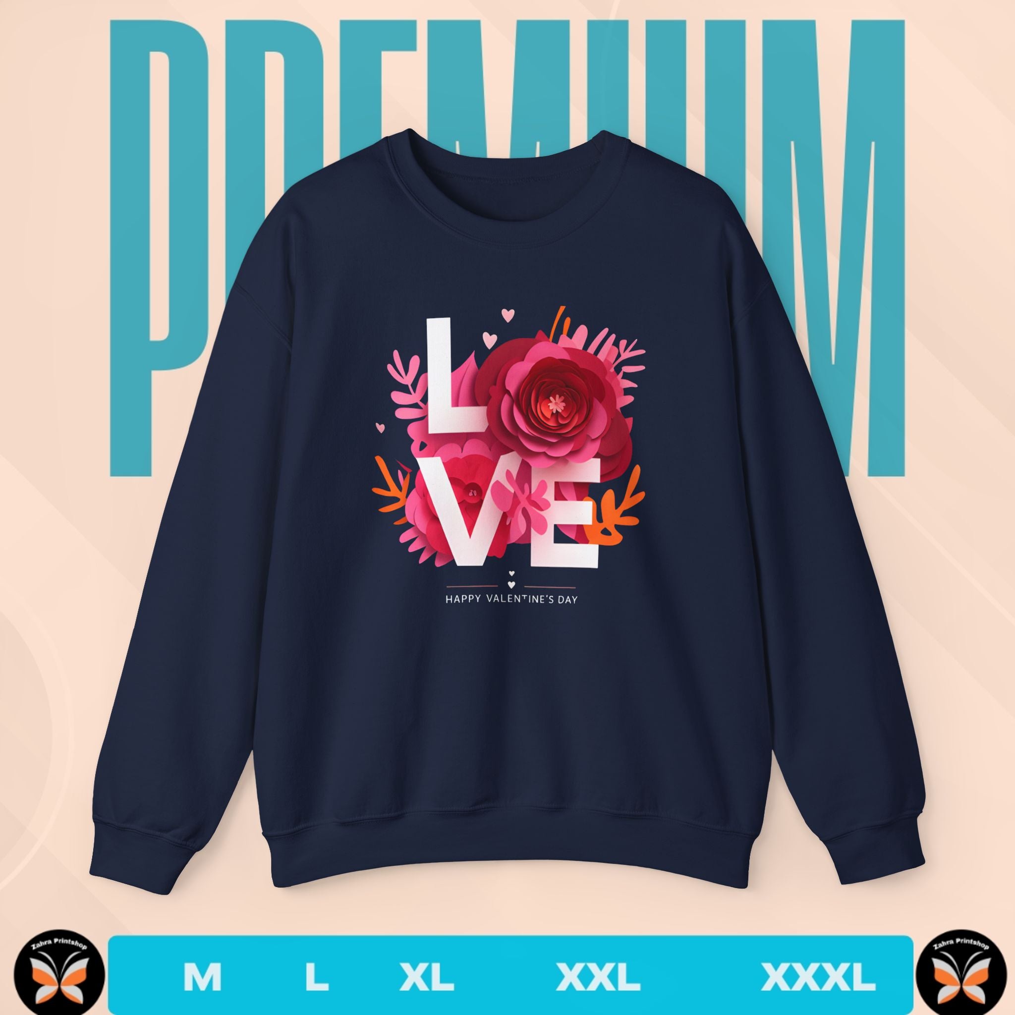 Navy blue sweatshirt with floral design and 'Happy Valentine's Day' text on a beige background with 'PREMIUM' text.