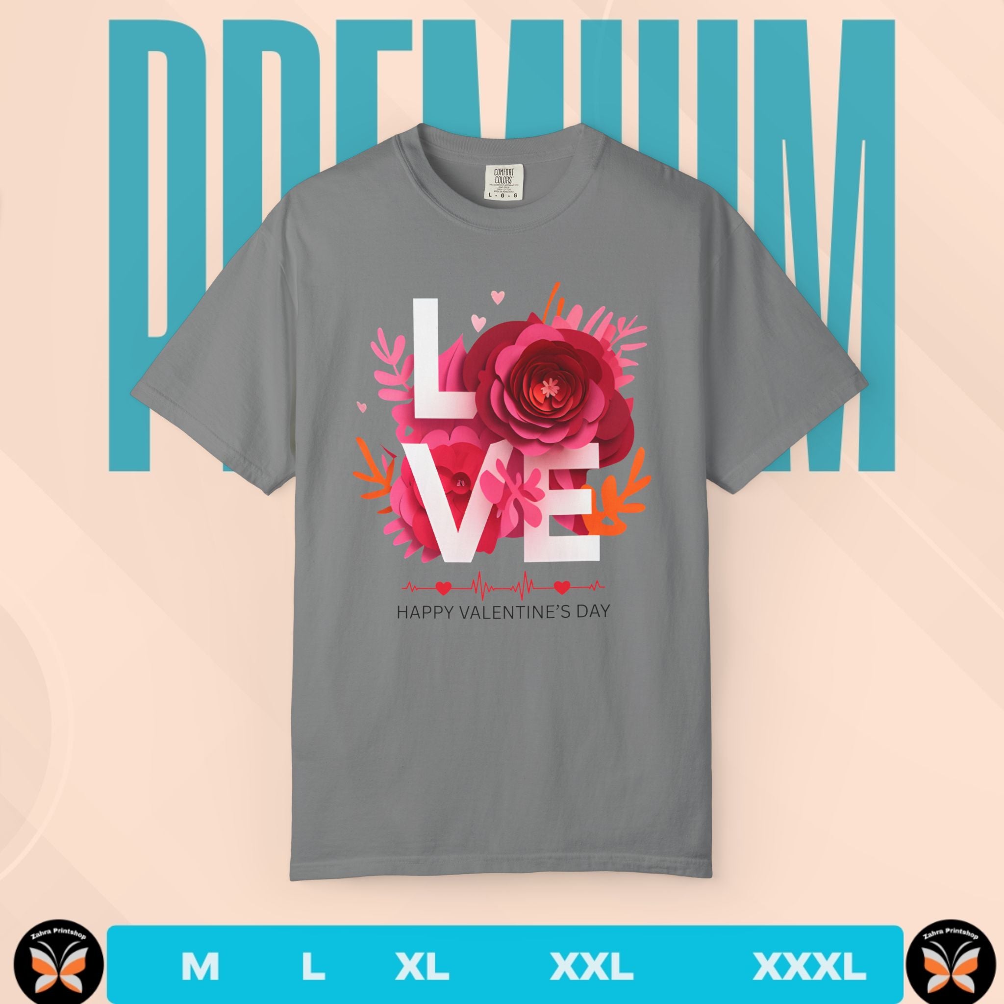 Gray t-shirt with floral 'LOVE' design and Valentine's Day text on a beige background with 'PREMIUM' text.