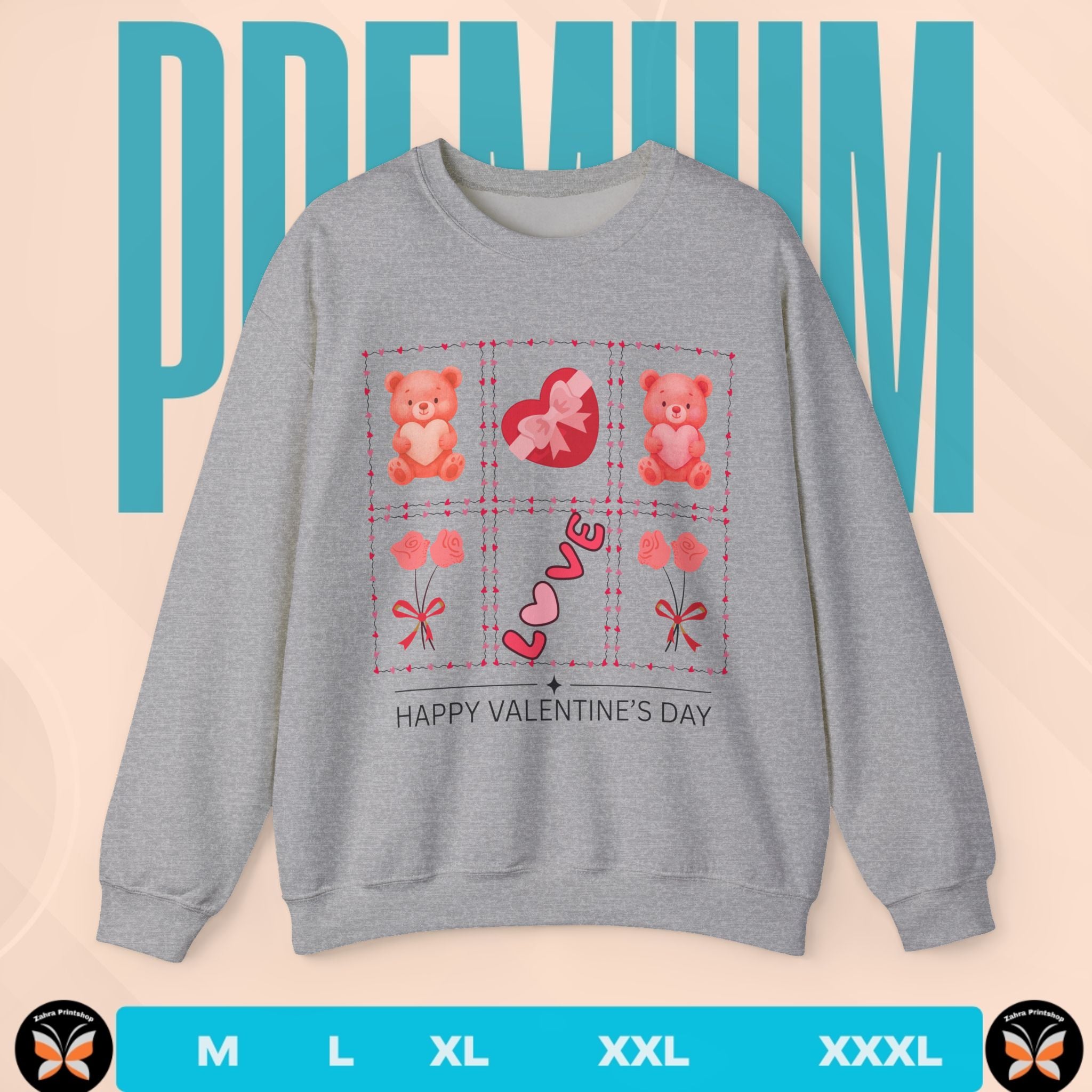 Gray sweatshirt with Valentine's Day design on a beige background