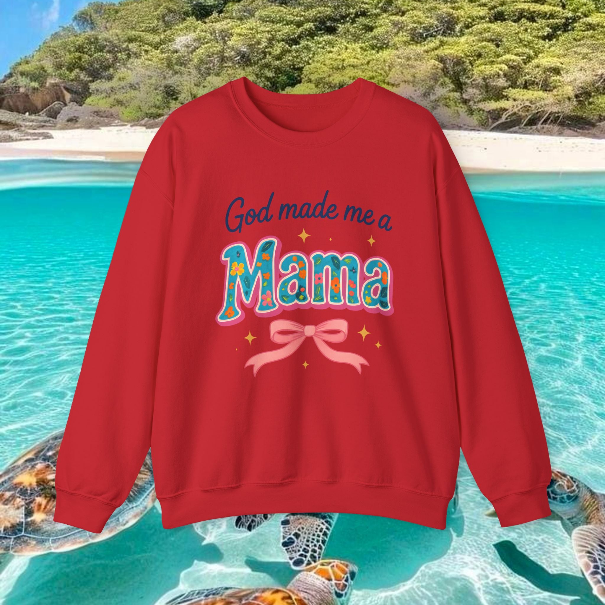 Red sweatshirt with 'God made me a Mama' text in front of a pool and turtles