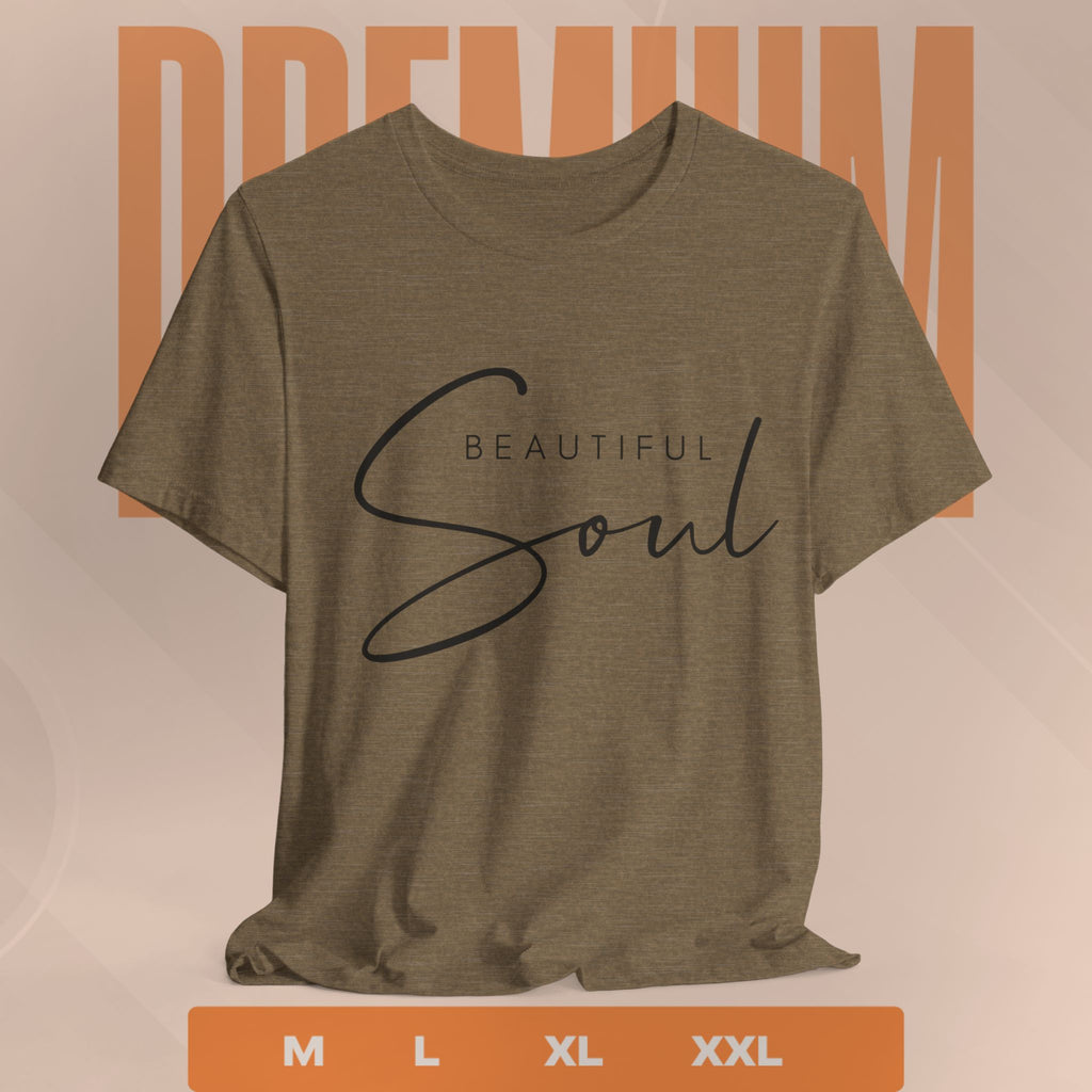 Heather olive t-shirt with 'Beautiful Soul' text on a beige background