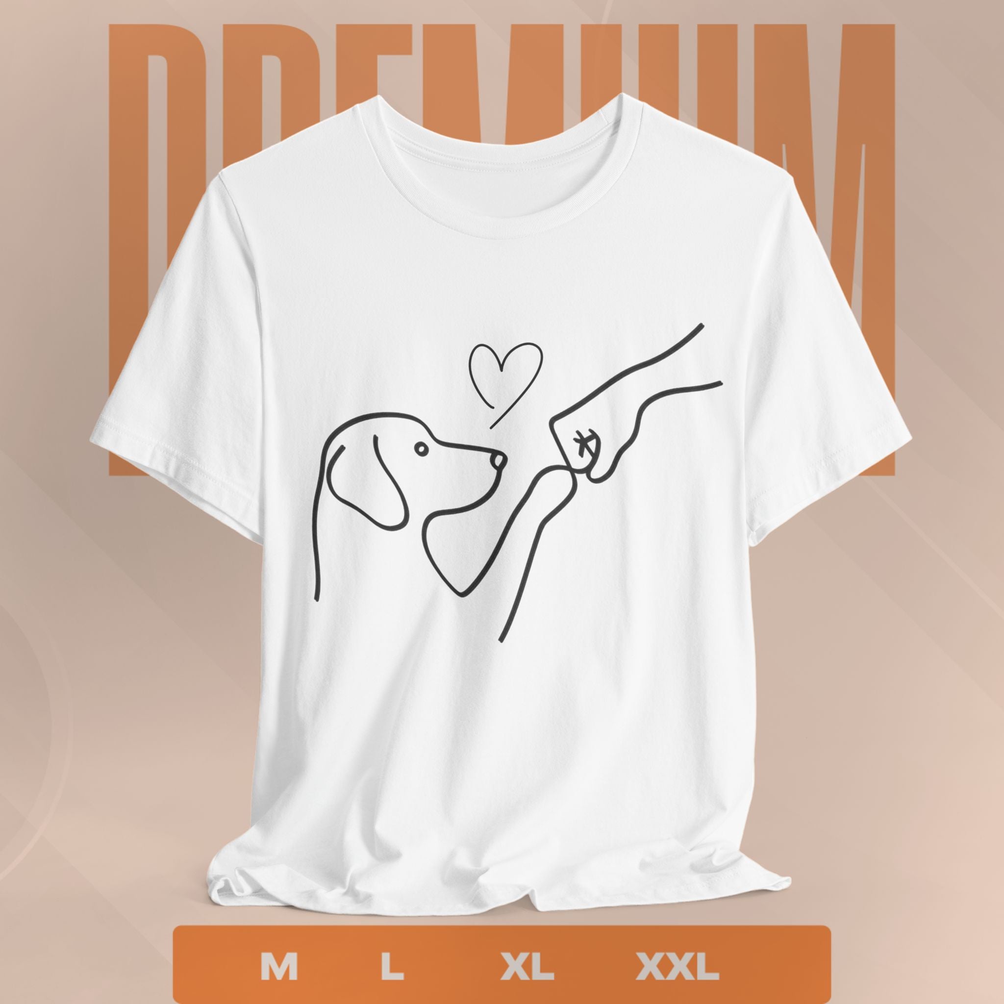 White t-shirt with a dog and hand line art design on a beige background