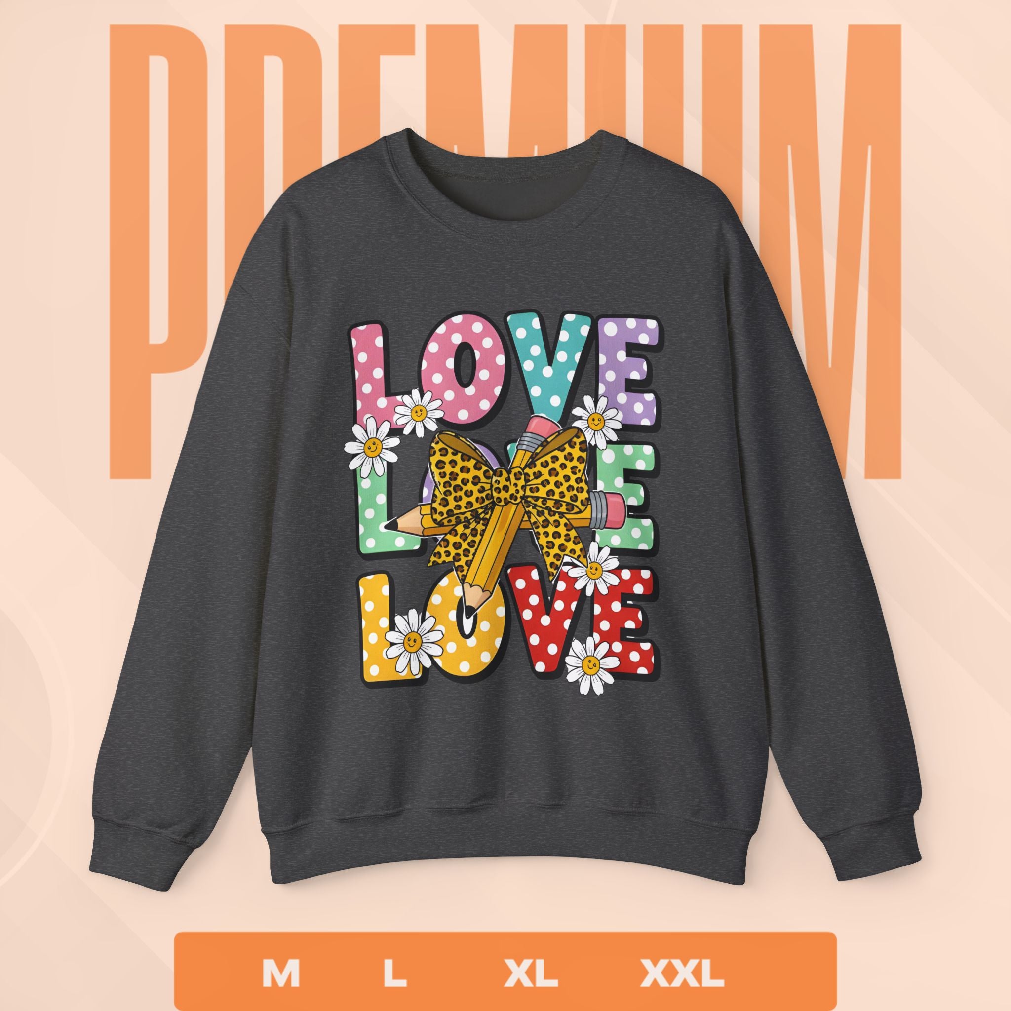 Heather Black sweatshirt with colorful 'LOVE' design on a peach background