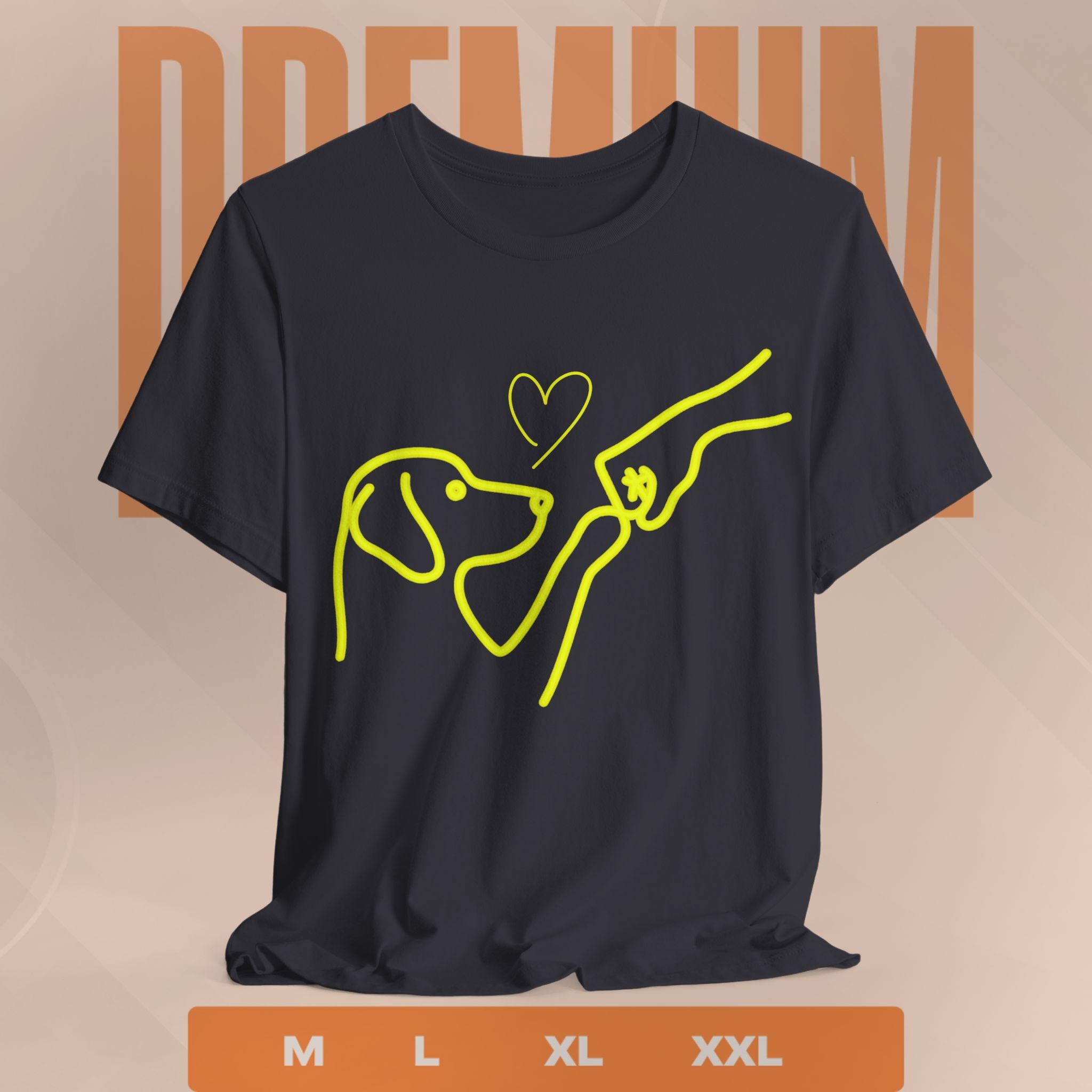 Black t-shirt with yellow dog and hand graphic on a beige background