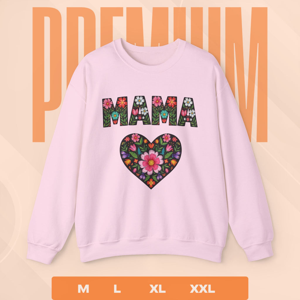 Pink sweatshirt with floral 'MAMA' design on a beige background