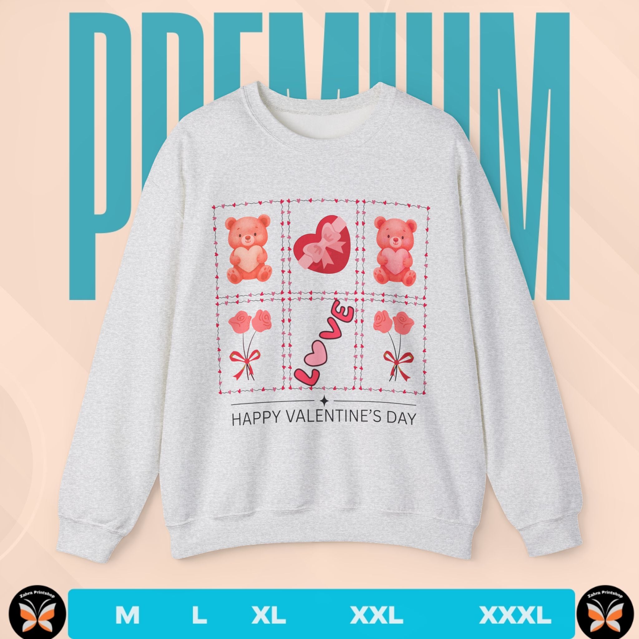 Gray sweatshirt with Valentine's Day design on a peach background