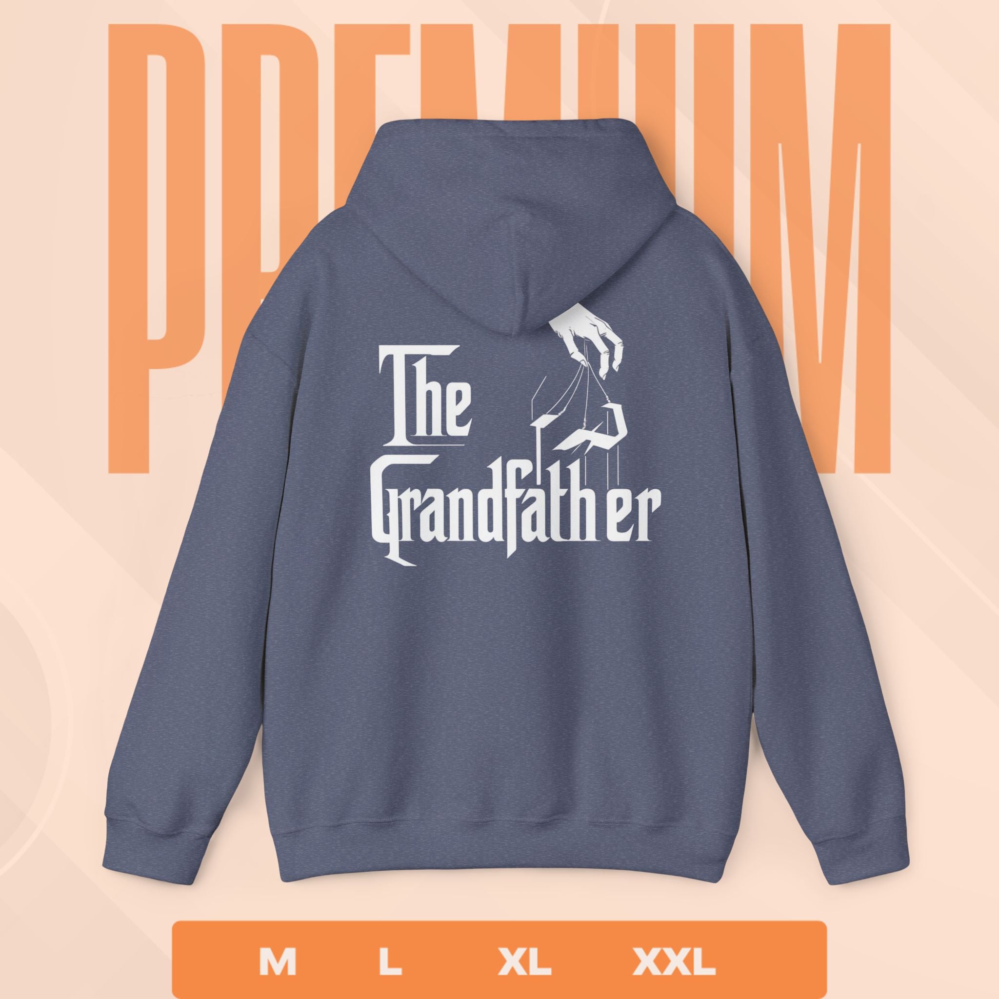 Heather navy hoodie with 'The Grandfather' text and hand graphic on the back, displayed against a peach background with 'PREMIUM' text.