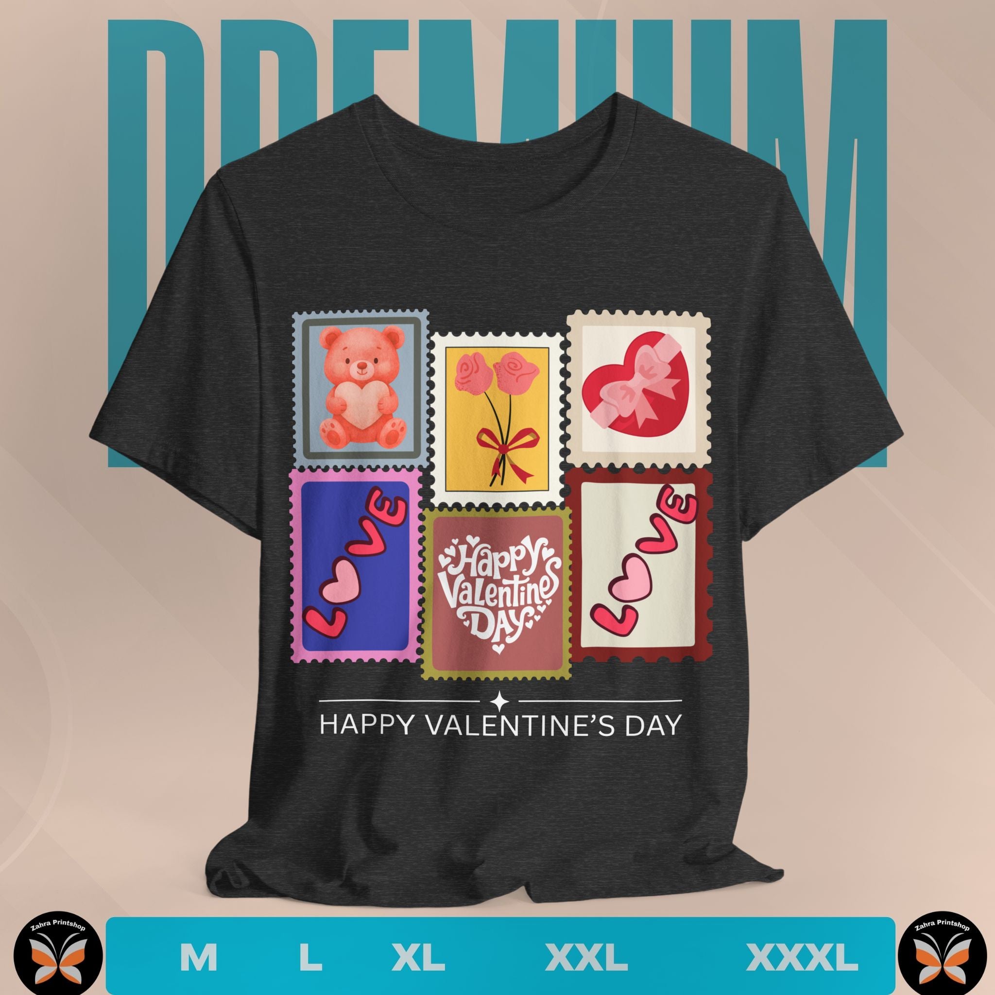 Black t-shirt with Valentine's Day-themed postage stamp design on a beige background.