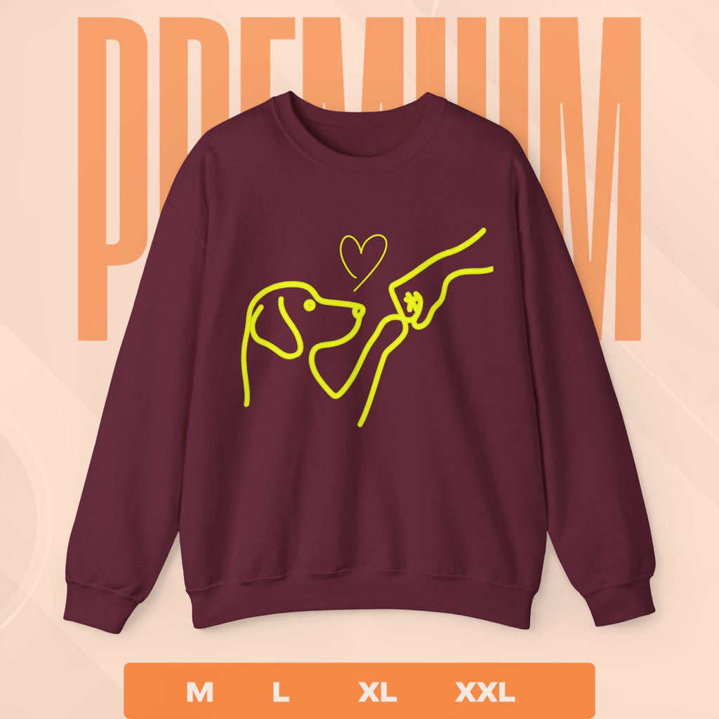 Maroon sweatshirt with yellow graphic of a hand and dog, on a peach background with 'PREMIUM' text.