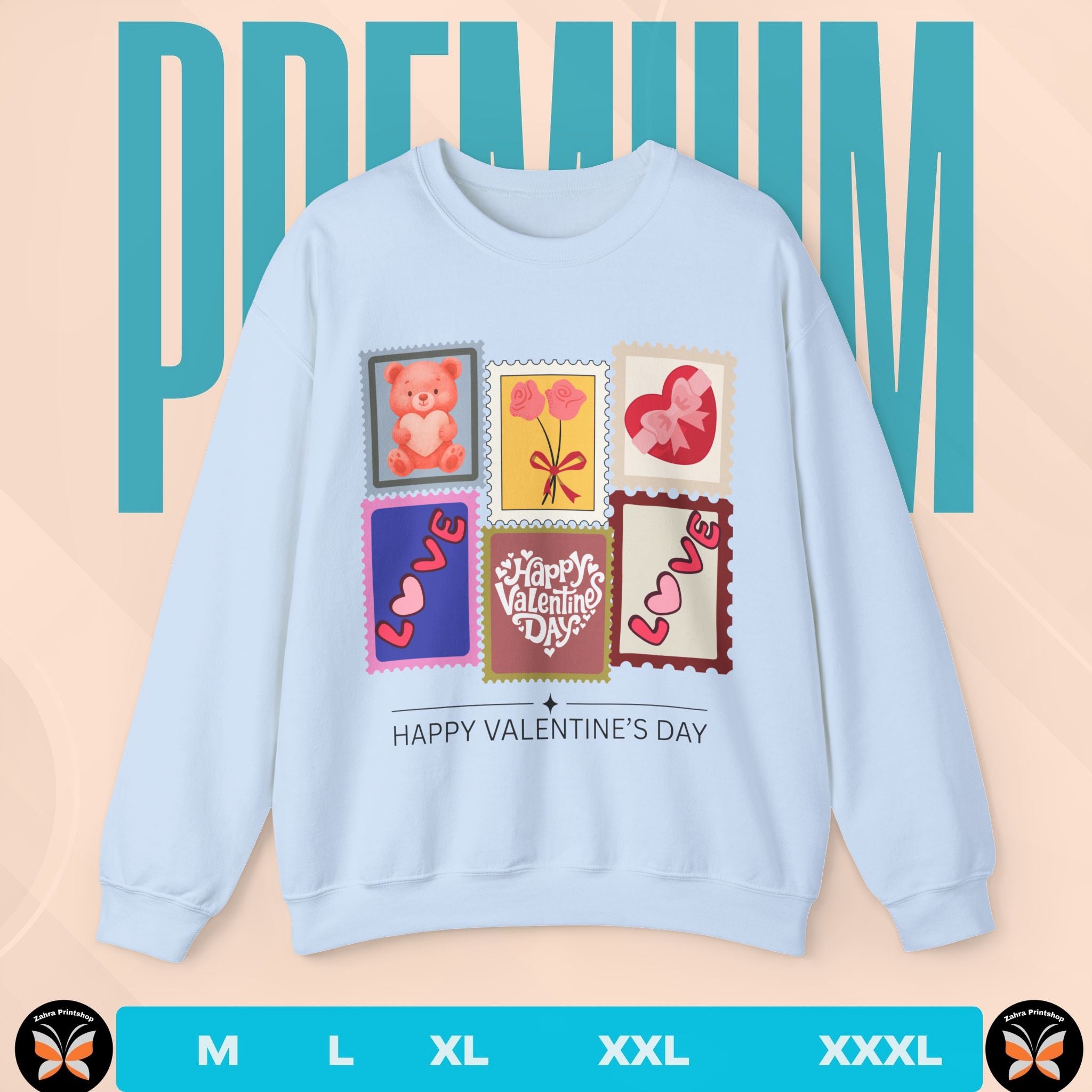 Light blue sweatshirt with Valentine's Day designs on a beige background