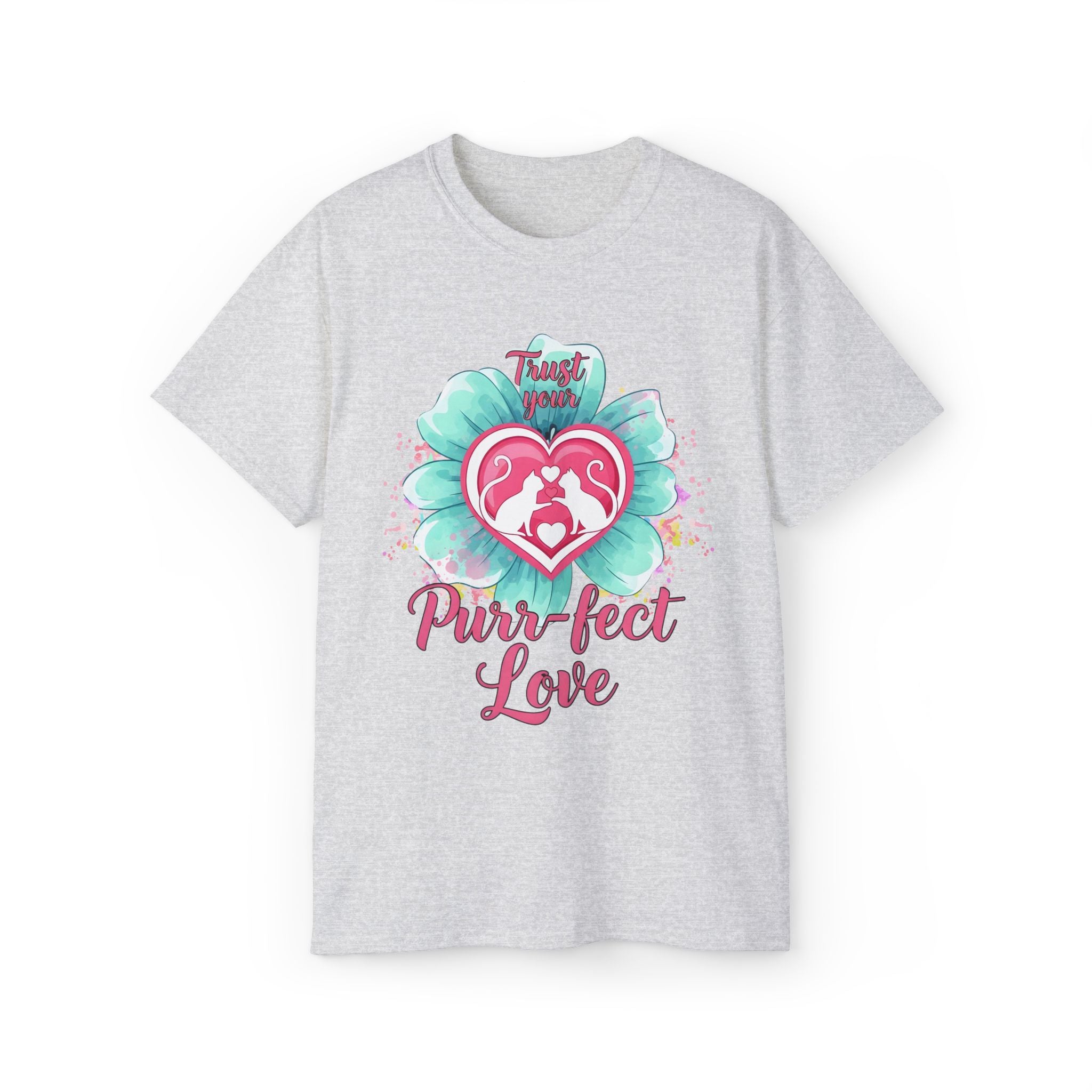 Ash t-shirt with a heart and paw print design and 'Purr-fect Love' text on a white background