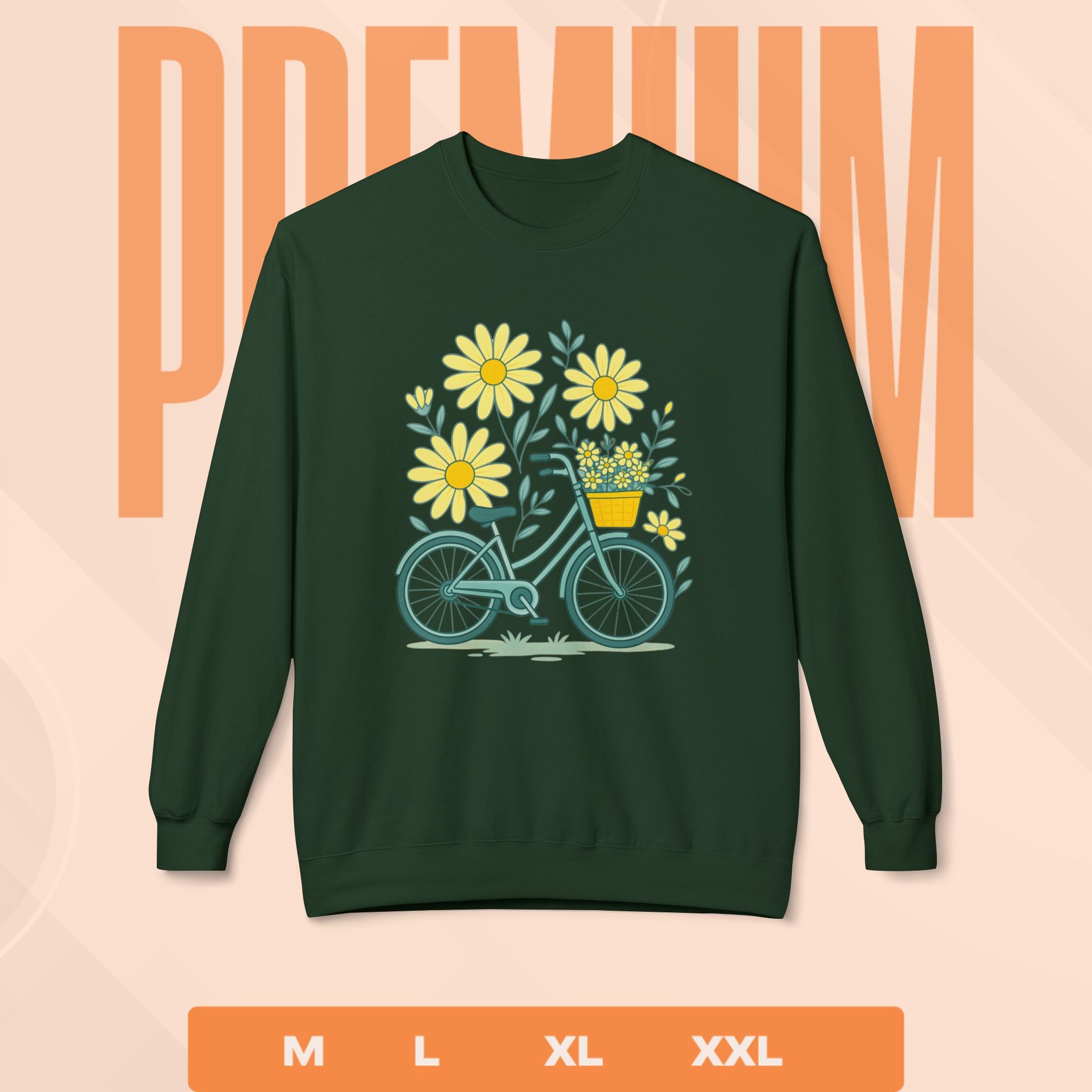 Green sweatshirt with bicycle and flower design on a peach background