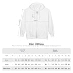 White hoodie with measurement chart on a white background