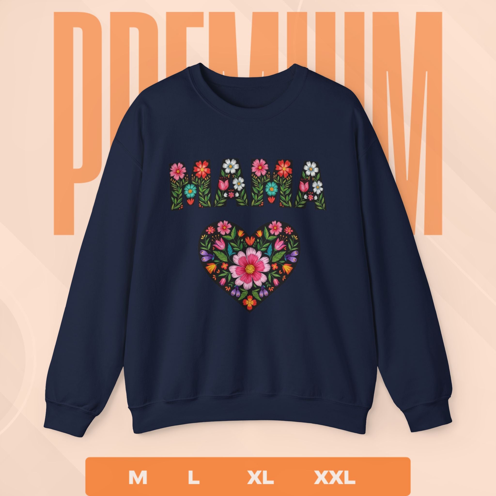 Navy blue sweatshirt with floral design and size options on a peach background