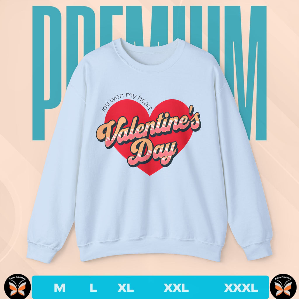 Light blue sweatshirt with Valentine's Day design on a beige background