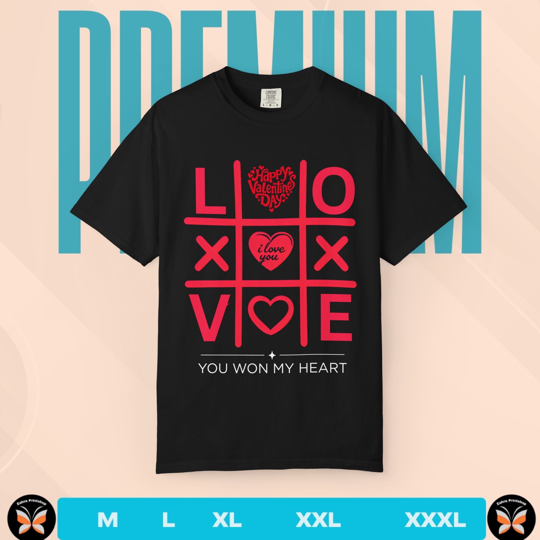 Black t-shirt with red Valentine's Day design on a beige background