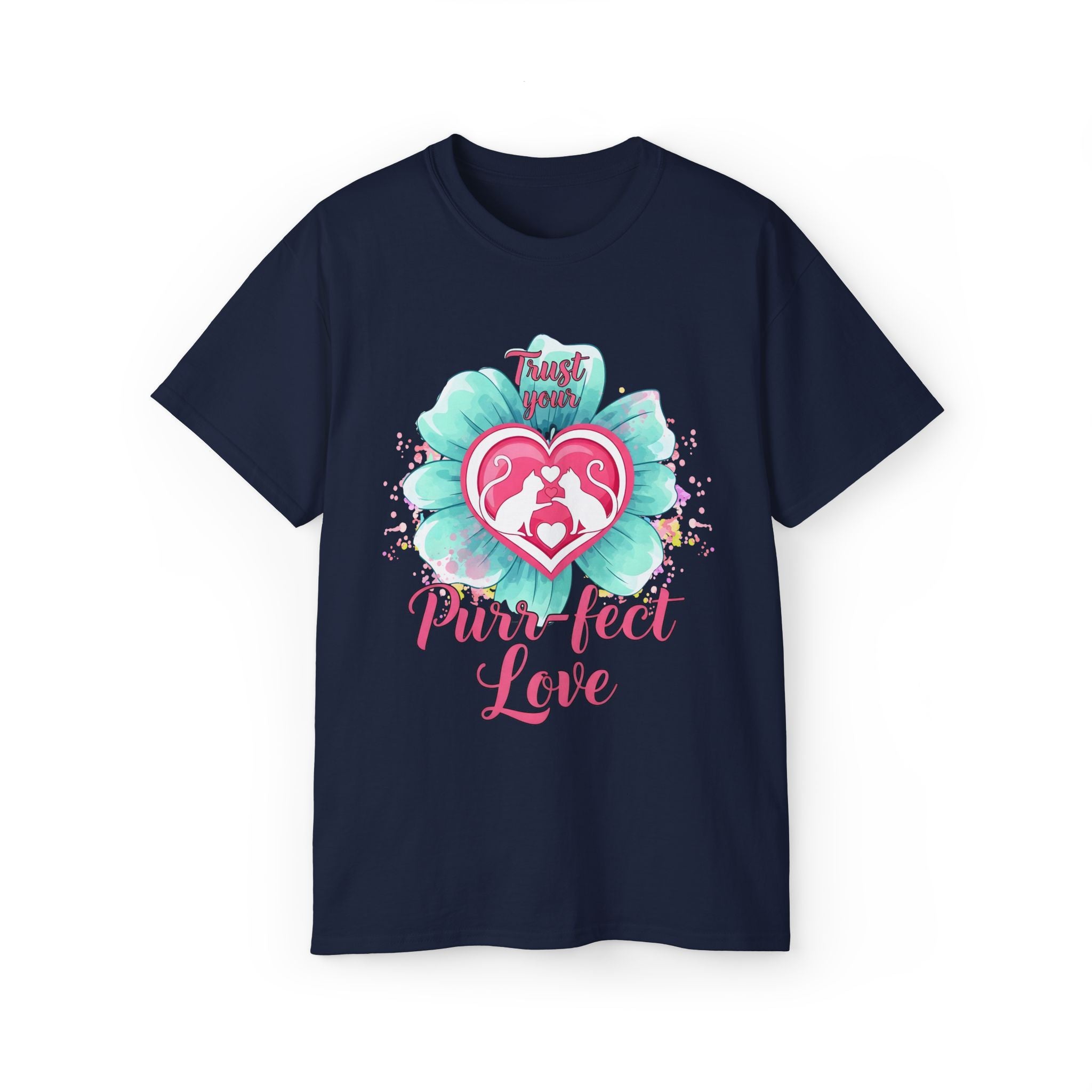 Navy blue t-shirt with a colorful graphic and text on a white background