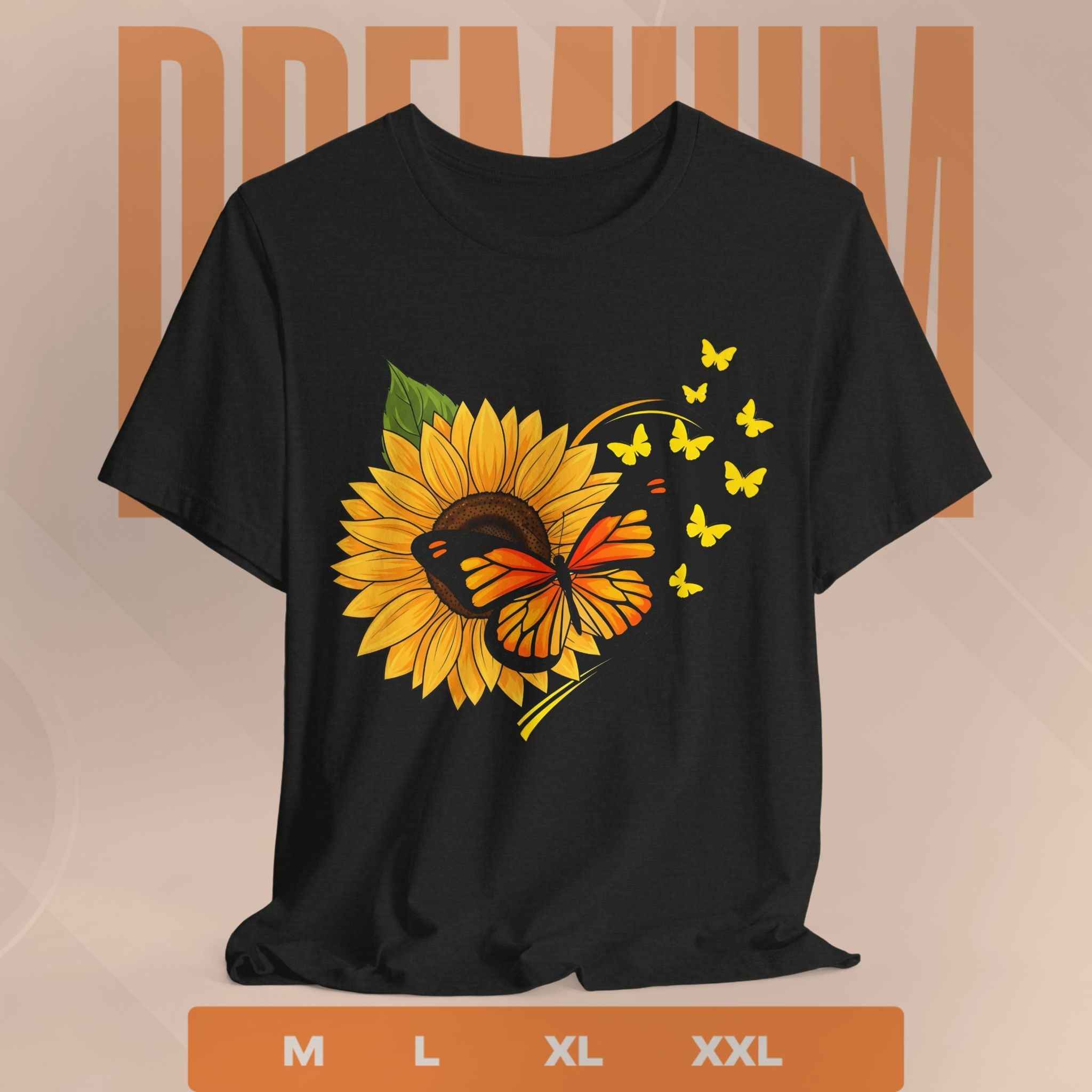 Sunflower & Monarch Heart Tee — Butterfly Floral Graphic T-Shirt