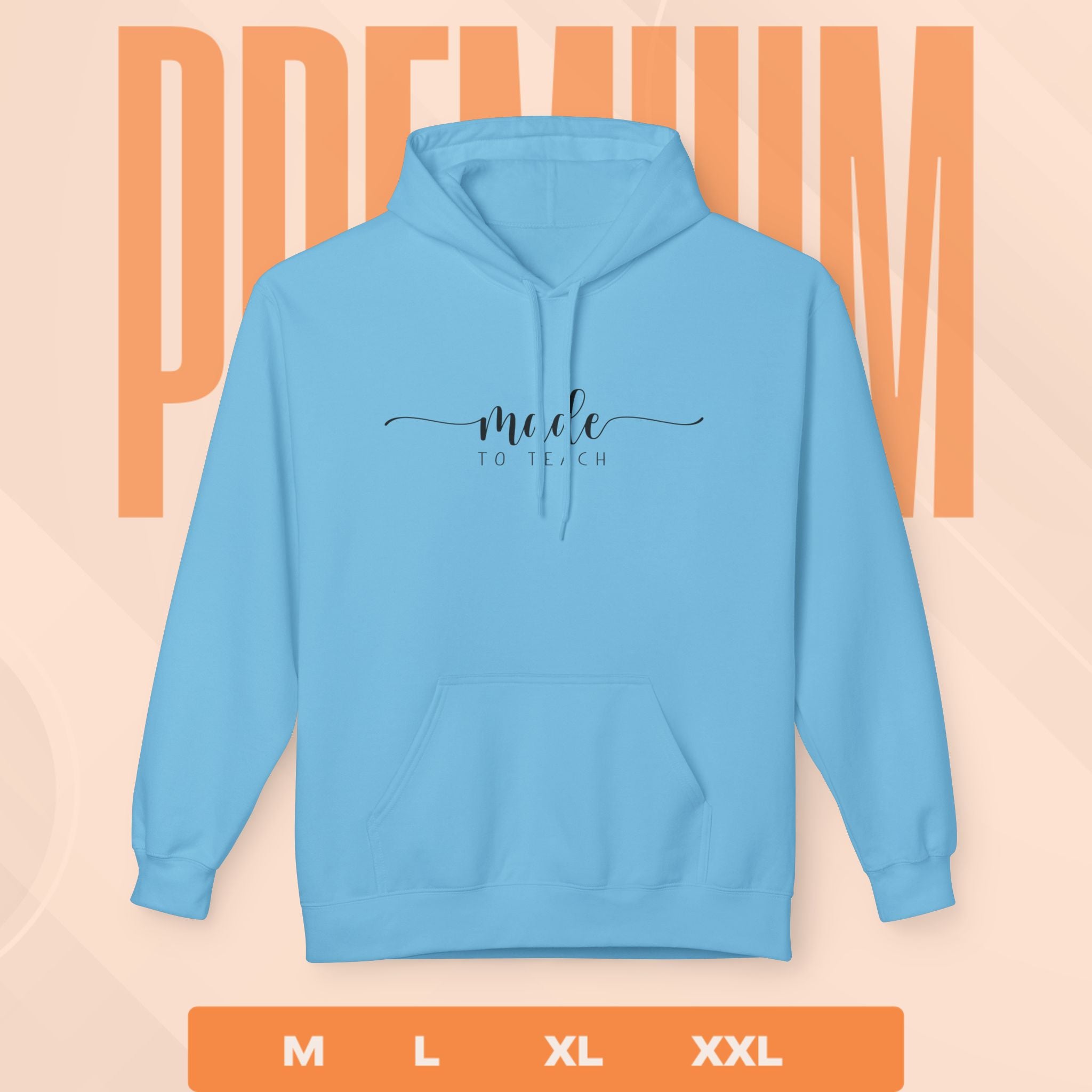  blue hoodie with text on a peach background