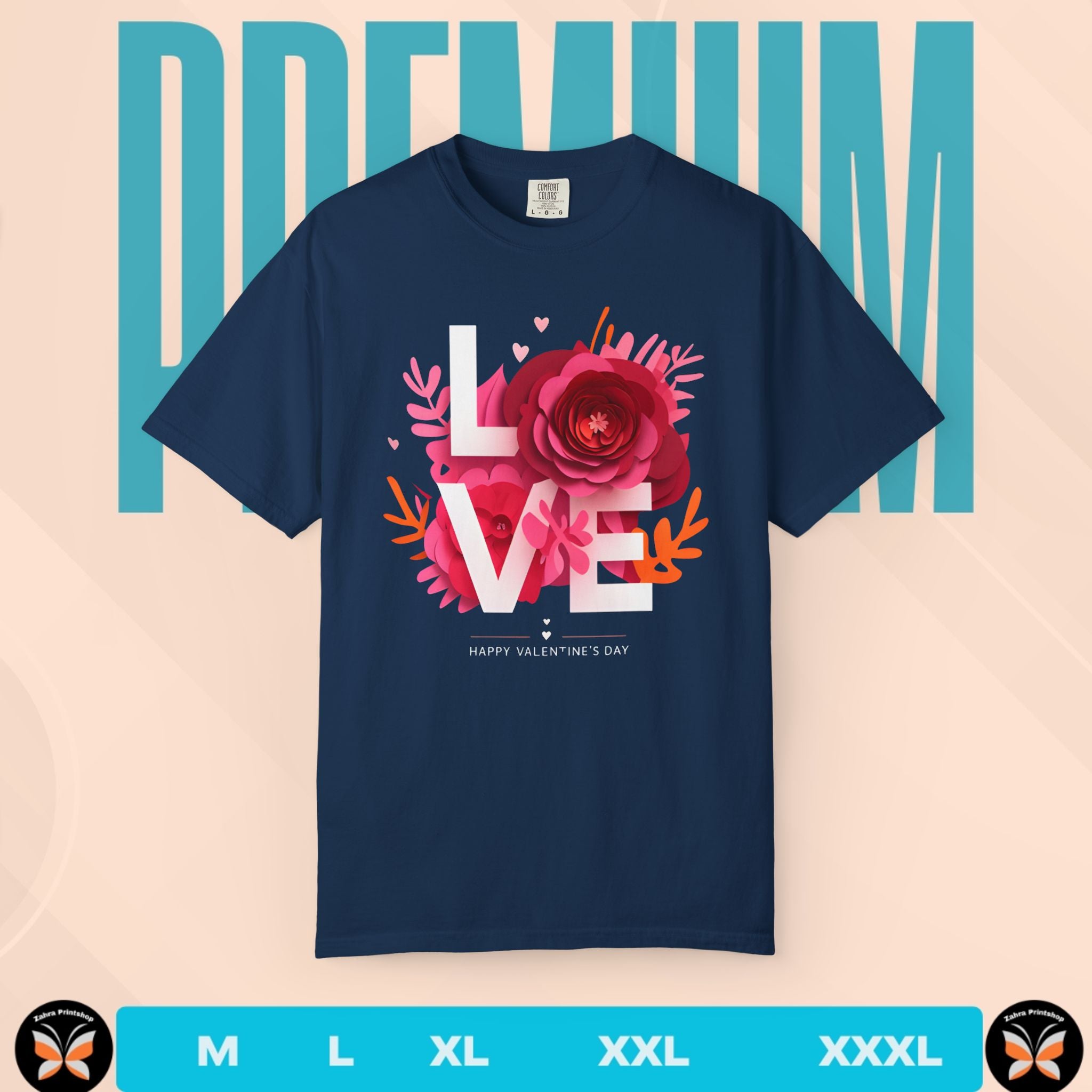 Navy blue t-shirt with a floral 'LOVE' design on a beige background