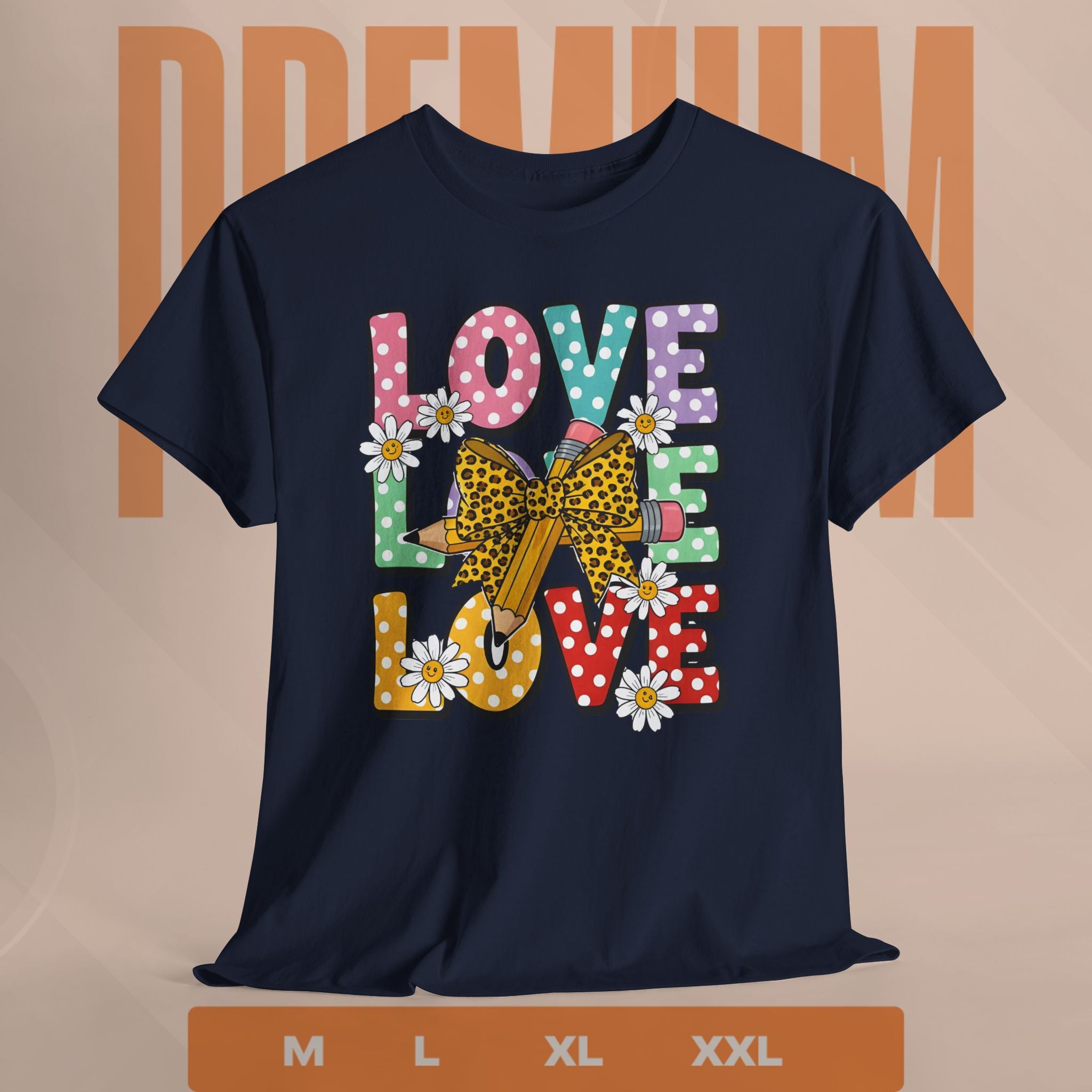 Navy blue t-shirt with colorful 'LOVE' graphic design on a beige background
