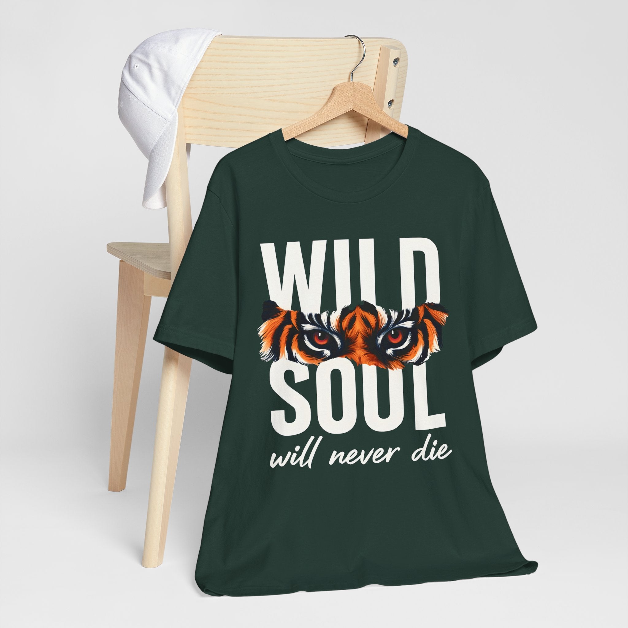 Green t-shirt with tiger design and text on a white background