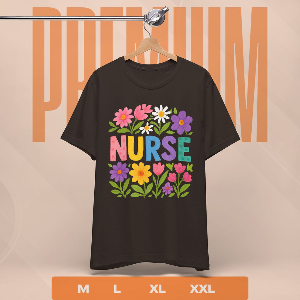 Brown t-shirt with colorful 'NURSE' design on a hanger against a beige background.