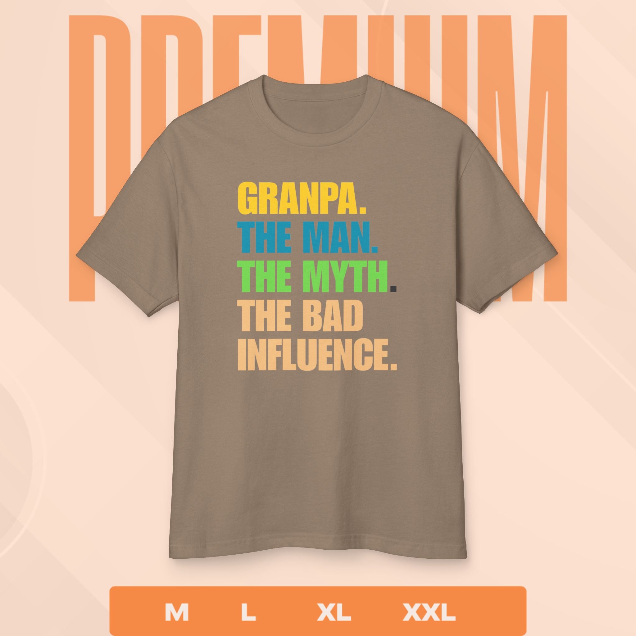 Brown t-shirt with colorful text on a beige background