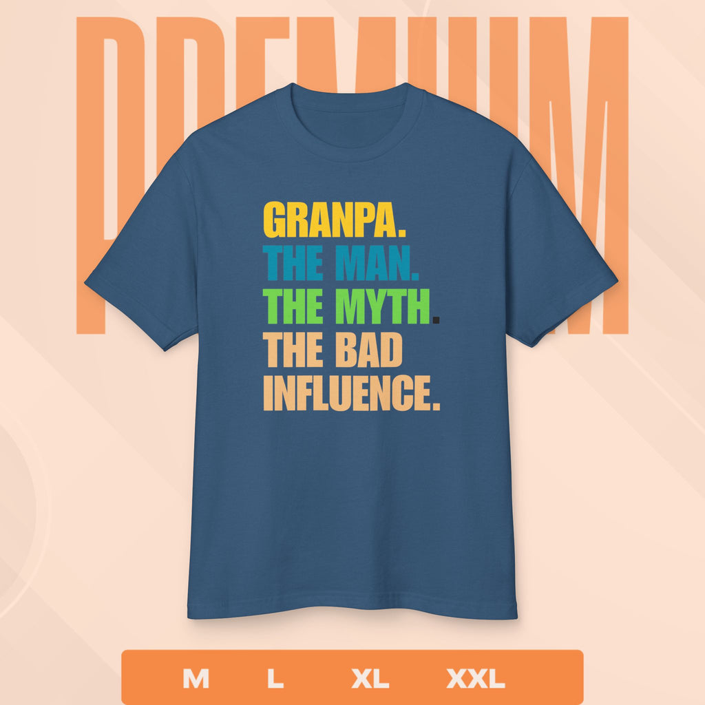 Blue t-shirt with colorful text on a peach background