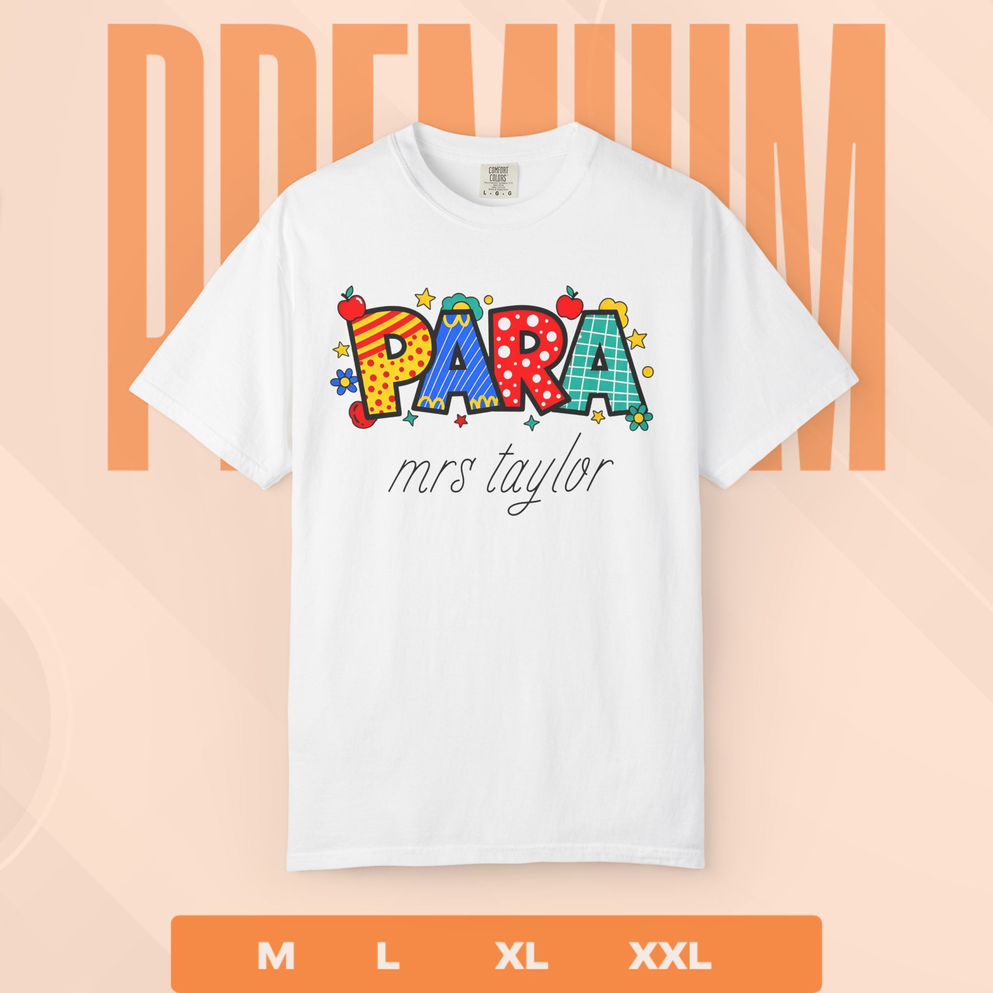 White t-shirt with colorful ' PARA ' design and text on a peach background
