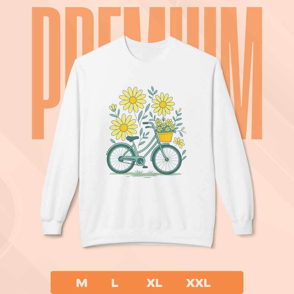 White sweatshirt with bicycle and flower design on a peach background