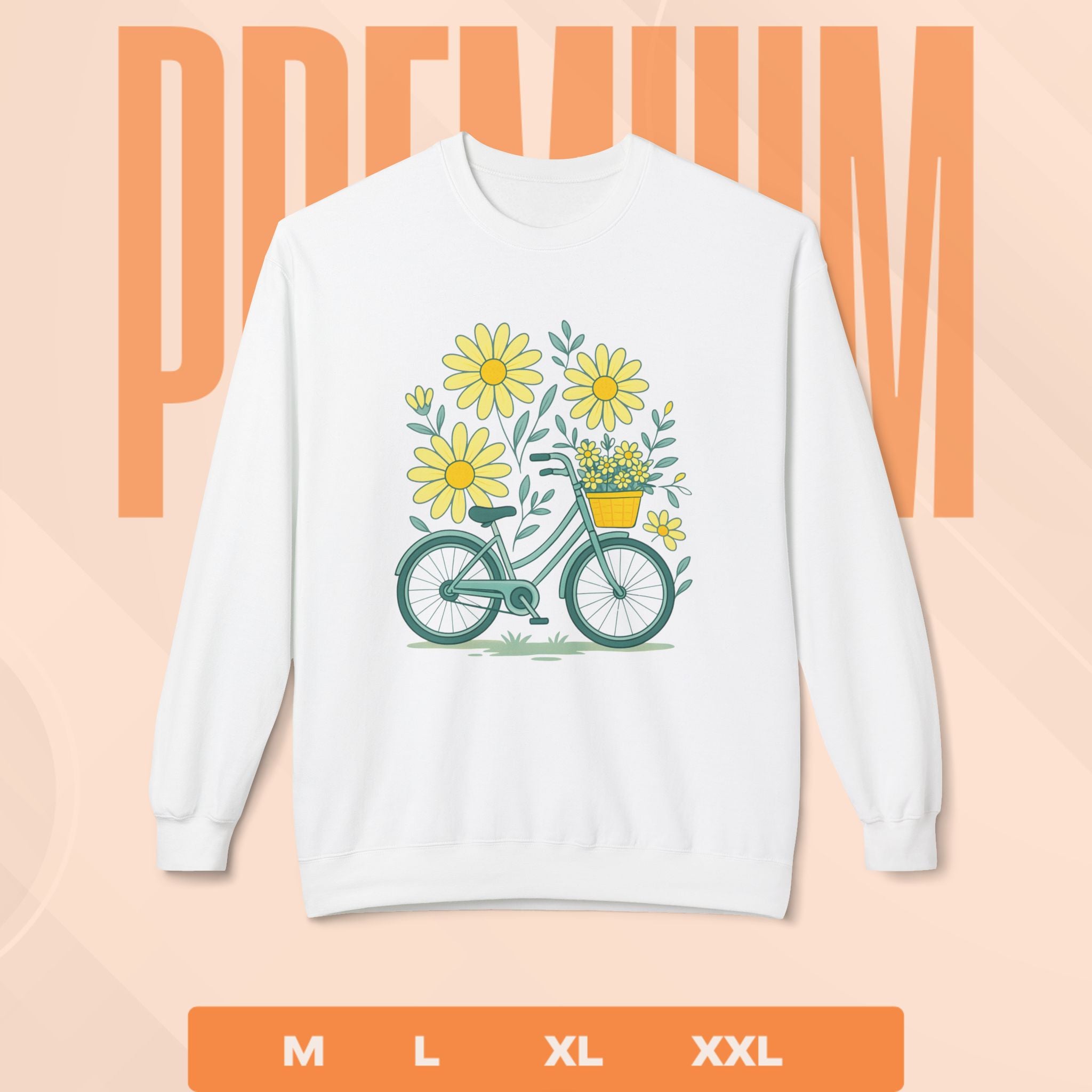 White sweatshirt with bicycle and flower design on a peach background