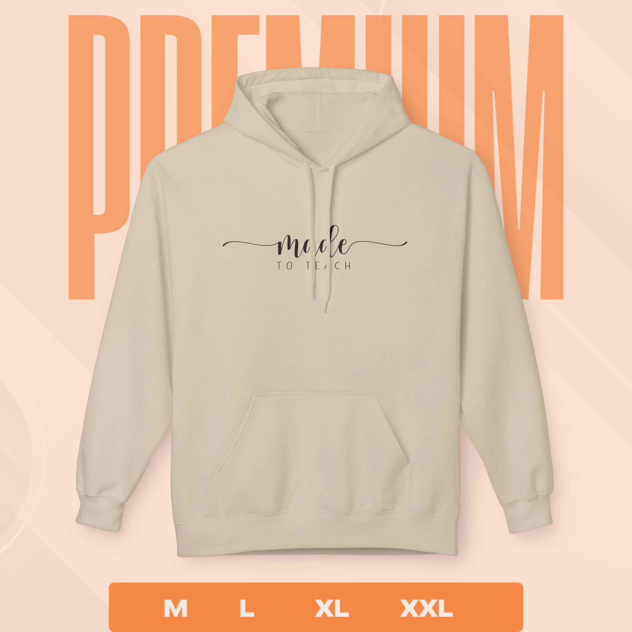 Beige hoodie with 'mode to teach' text on a peach background with size options.
