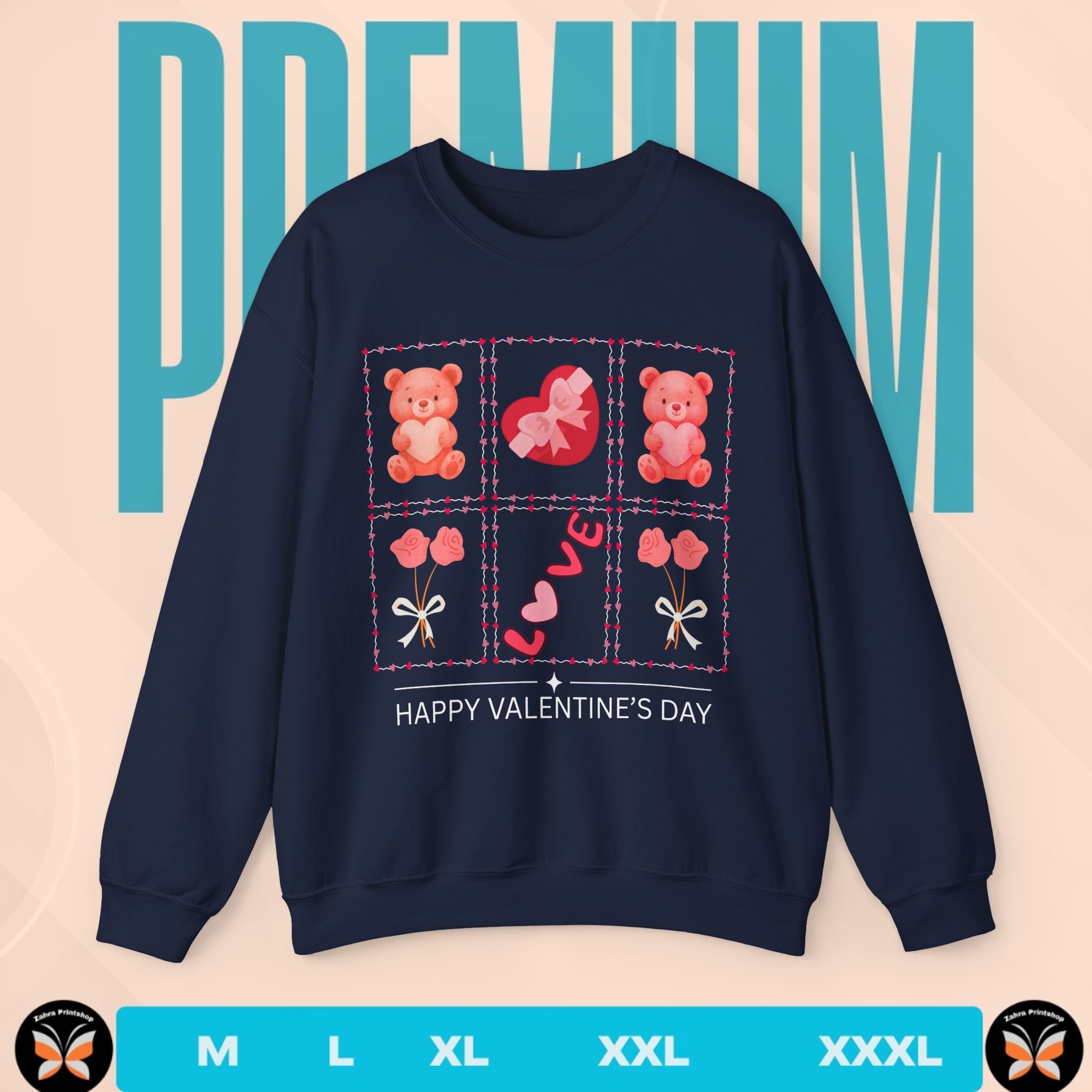 Navy blue sweatshirt with Valentine's Day design on a beige background